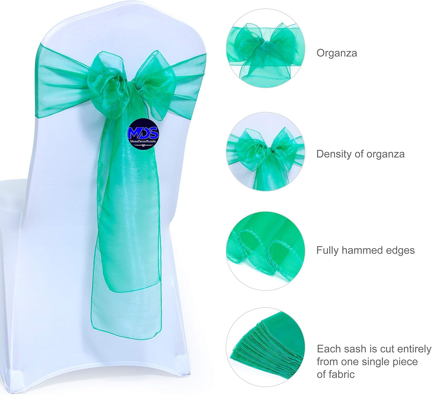 MDS Pack of 75 PCS Organza Chair Sashes Wider Dining Chair Bows Ribbon Tie Back for Wedding Party Birthday Bridal Shower Reception Event Banquet Home Chair Cover Decoration - Green