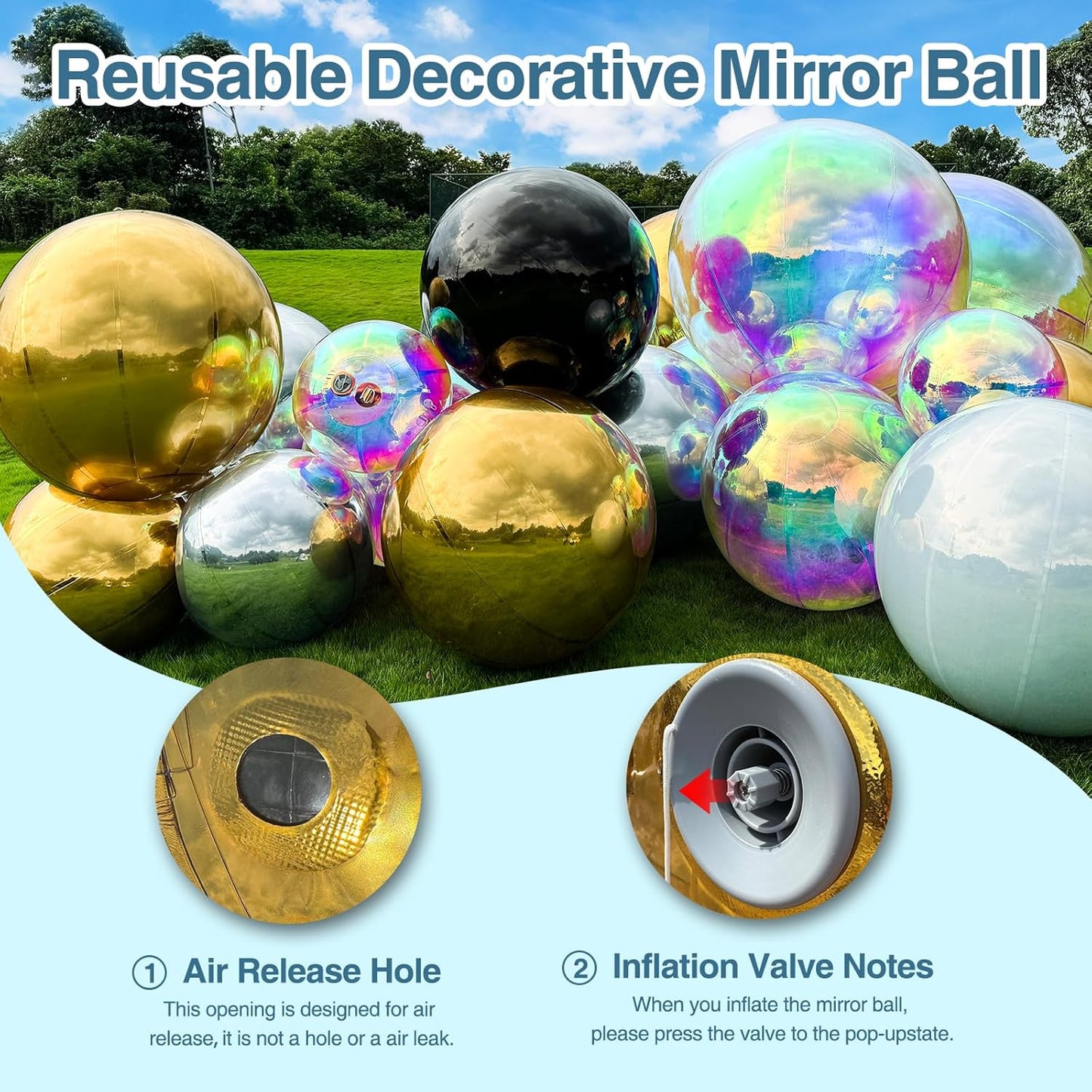 2PCS 23.6in Silver Inflatable Mirror Ball, Big Shinny Balls Reusable Large PVC Disco Ball Balloon for Large Event Decoration, Party, Concerts, Stage, Wedding Decor, Without Air Pump