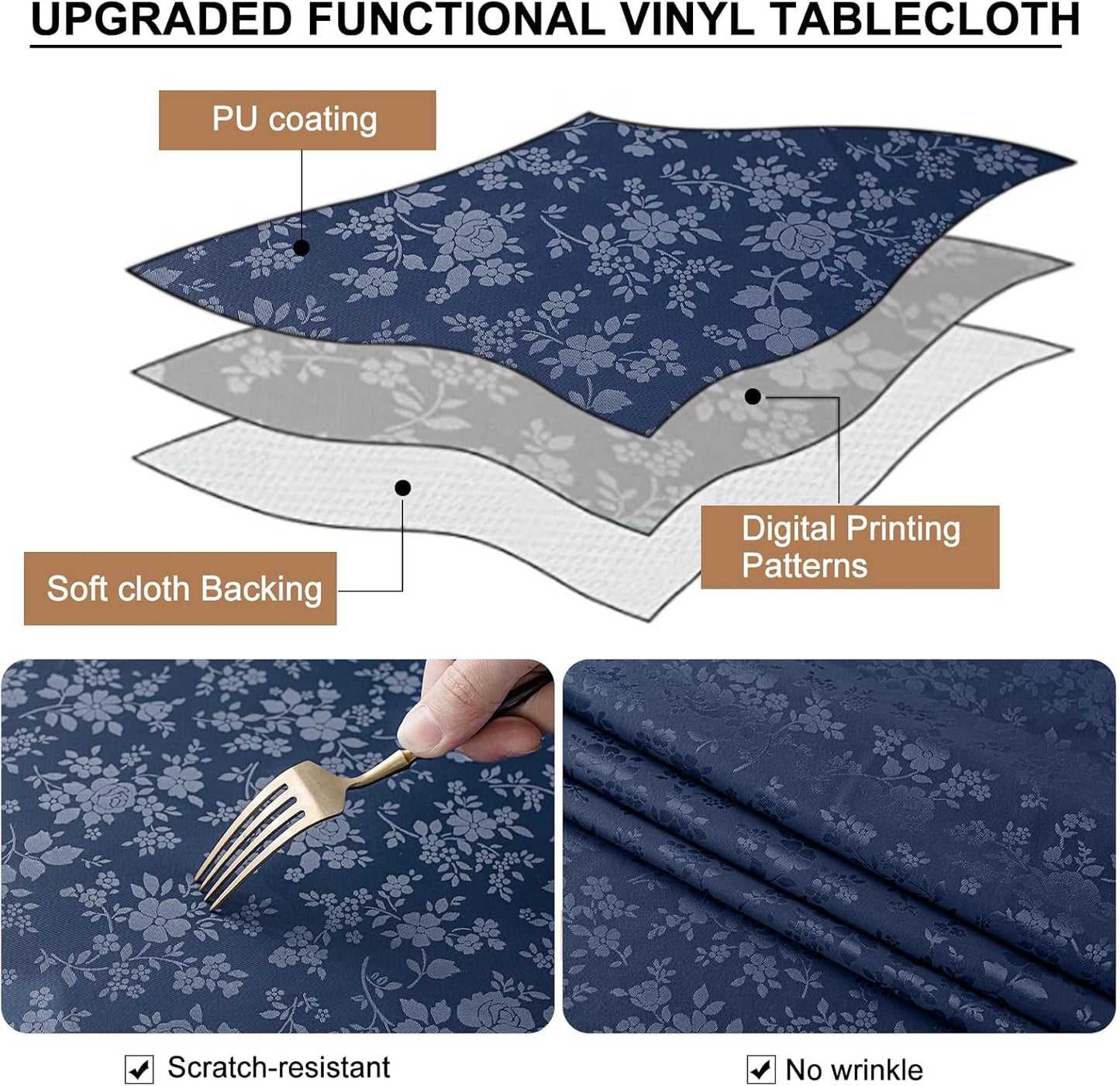 Smiry Rectangle Table Cloth, Waterproof Heavy Duty Vinyl Tablecloths, Wipeable Washable Table Cover for Kitchen and Dining Room (Navy Blue, 60" X 140")