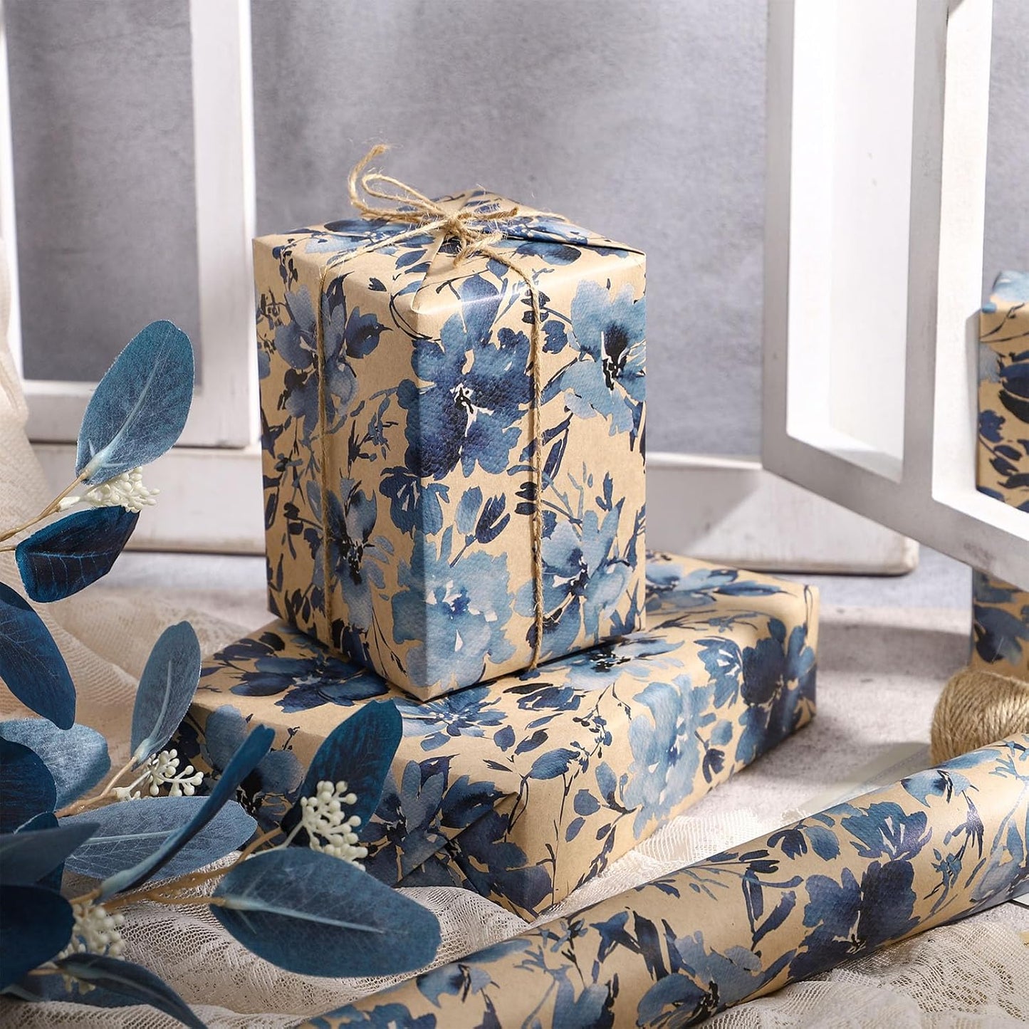 RUSPEPA Blue Floral Gift Wrapping Paper, Indigo Gift Wrap, Watercolor Flower Kraft Paper Roll, Mini Roll Wrapping Paper for Girls, Women, Spring and Birthday, 17 in x 32.8 ft