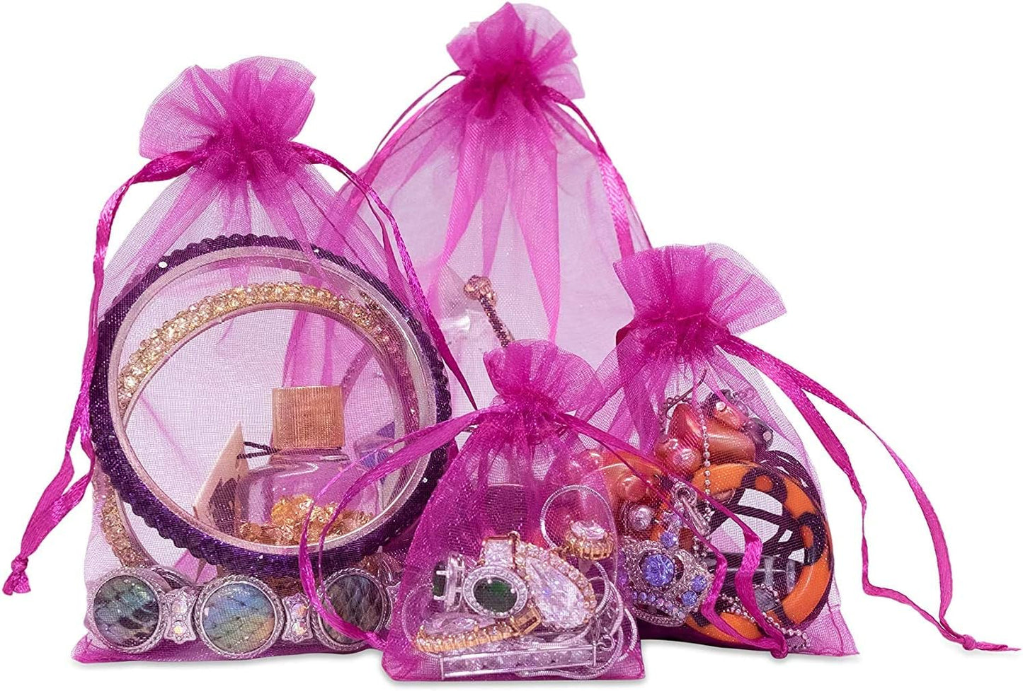 TheDisplayGuys 100-Pack XS 2 x 2 3/4" Hot Pink Sheer Organza Gift Bags with Drawstring, Jewelry Candy Treat Wedding Party Favors Mesh Pouch