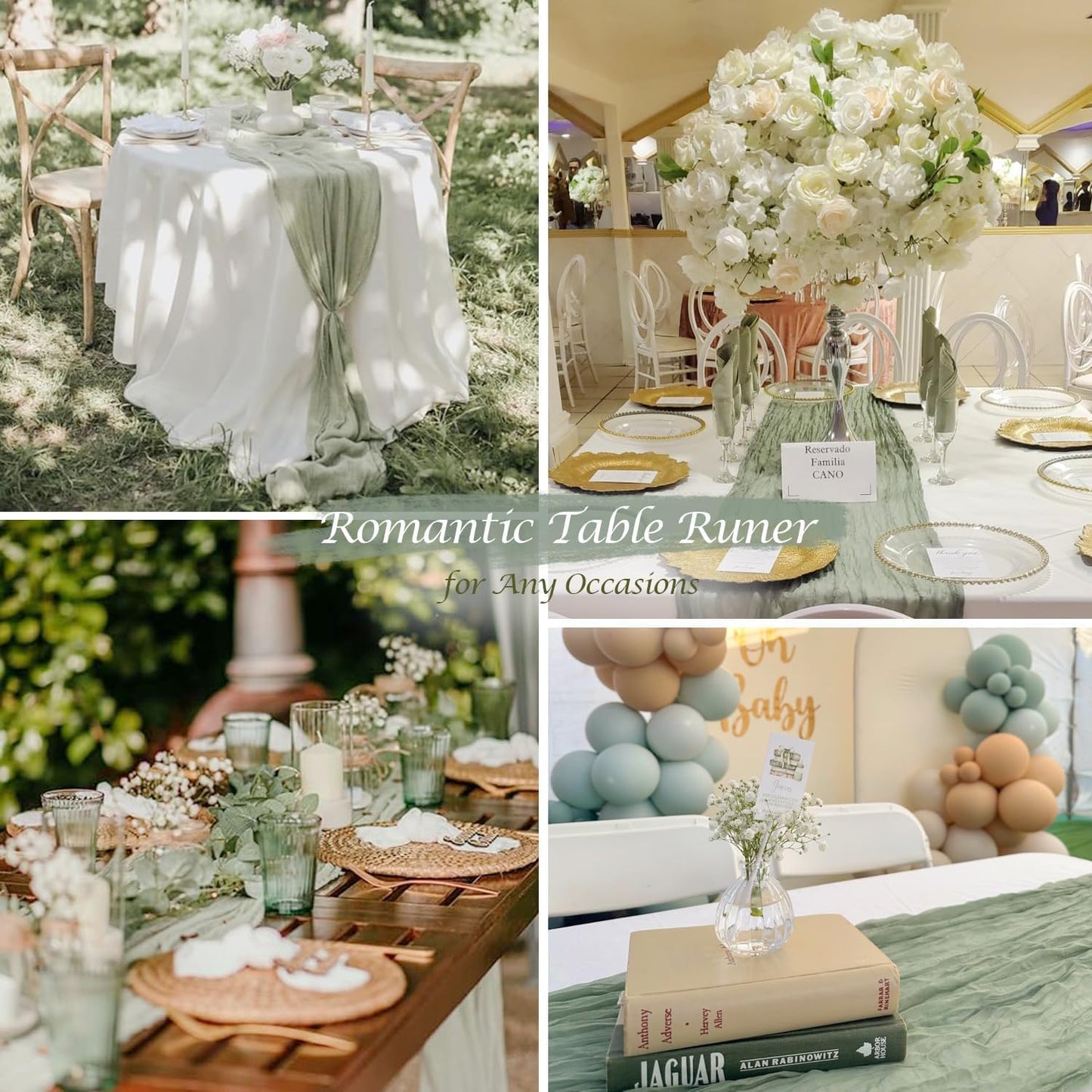 12 Pack Sage Green Table Runner Cheesecloth 35x120 Inch, 10Ft Boho Sheer Gauze Table Runner Cheese Cloth Runner for Wedding Baby Shower Fall Thanksgiving Home Decorations