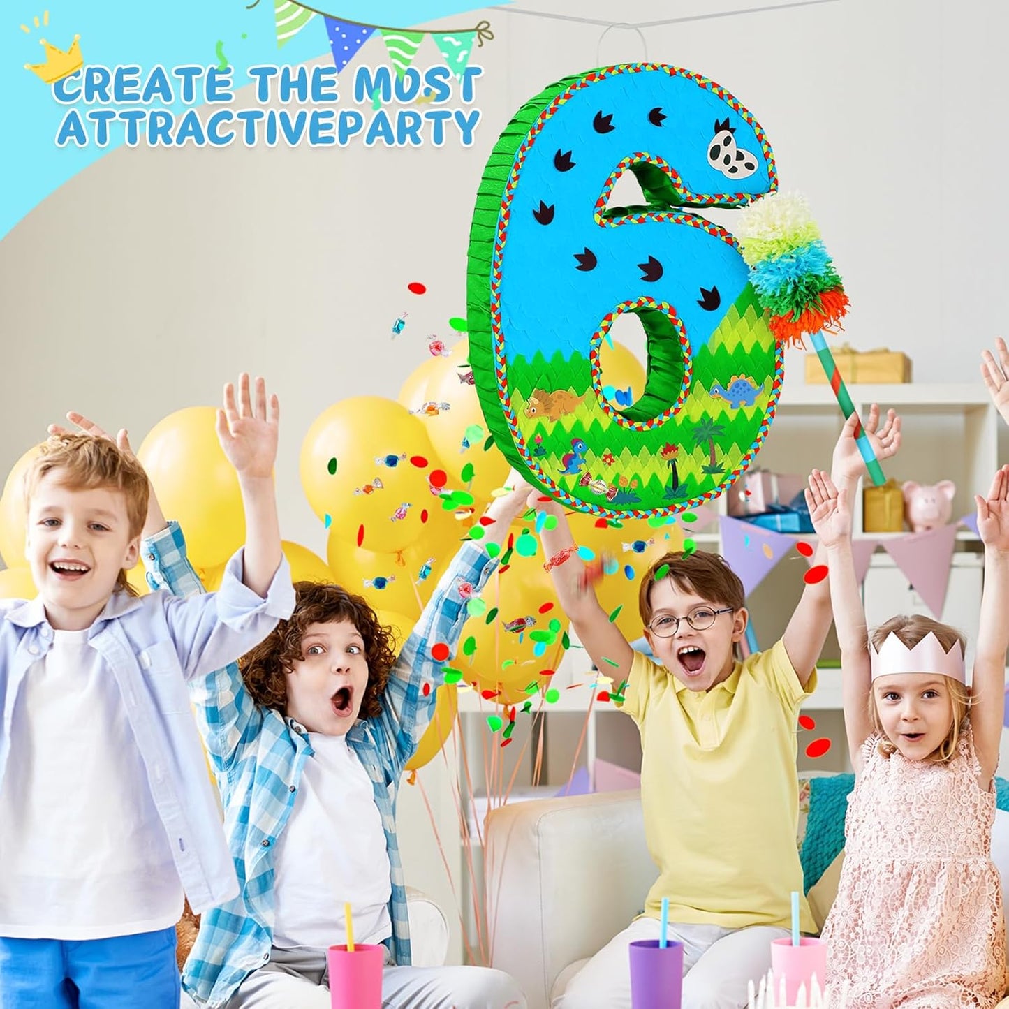 Number 6 Pinata for Birthday Party Decorations, Jungle Dinosaur Piñata Games Toy (6th)