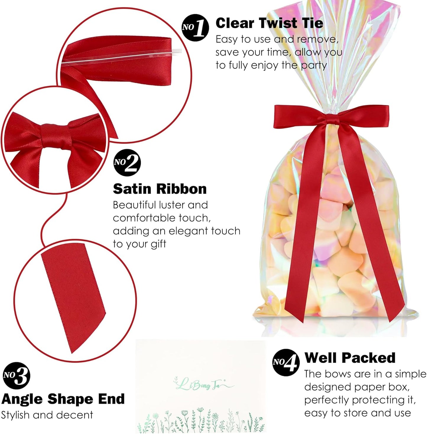 50 PCs Red Bow Decor 5.5'' Satin Bows with Long Tail, Twist Tie Bows for Craft, Packaging Ribbon Bows, Premade Bows for Cake Decorating, Gift Bows for Treat, Wedding Favor, Party