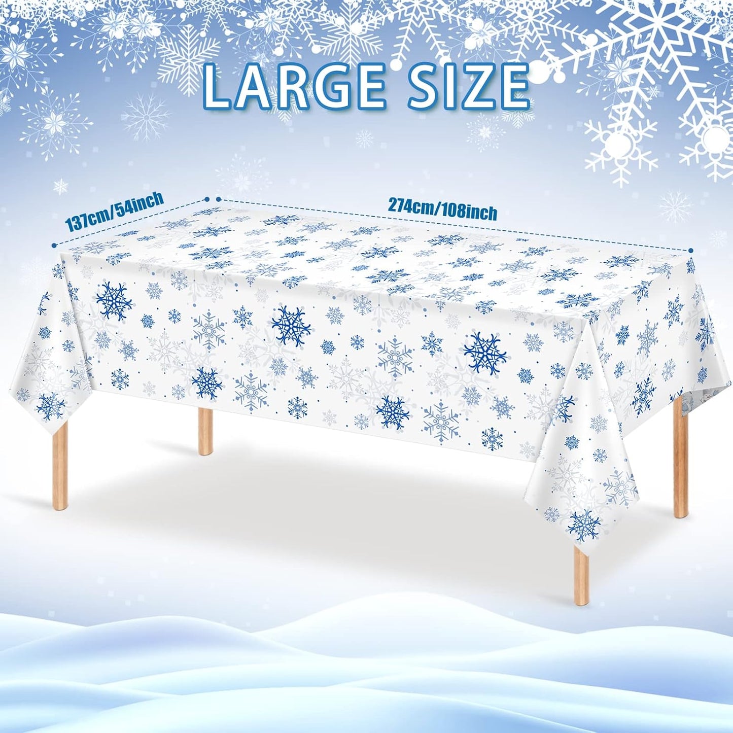 1 Pieces Snowflake Christmas Party Tablecloth Decorations,Plastic White Snowflake White Blue Xmas Backdrop Sign Table Cover Banner for Winter Christmas Holiday Party Supplies,54x108 inch（White/Blue）