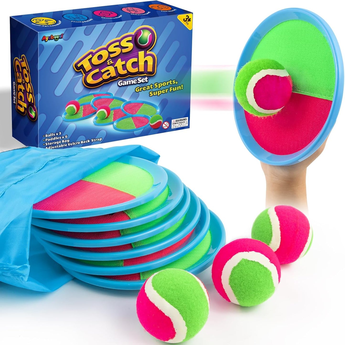 Ayeboovi Kids Toys Toss and Catch Ball Set with 6 Paddles 3 Balls Outdoor Games for Kids Beach Pool Yard Games Toys for 3-12 Years Old Boys Girls Kids Adults Family Birthday Gift