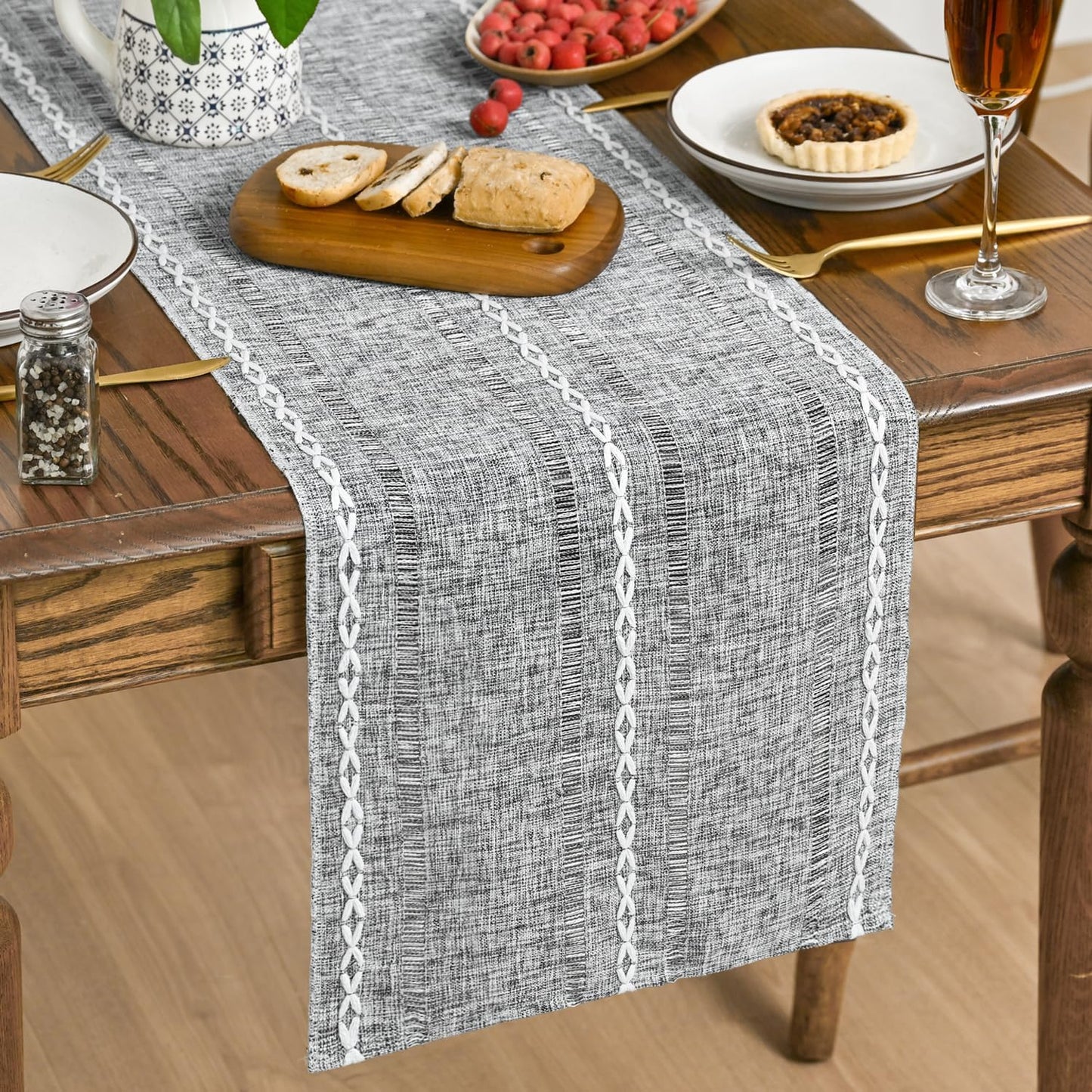 Artoid Mode Dark Grey Rustic Cotton Linen Table Runner, Seasonal Embroidered Hollow Kitchen Dining Table Decoration for Home Party Decor 13x36 Inch
