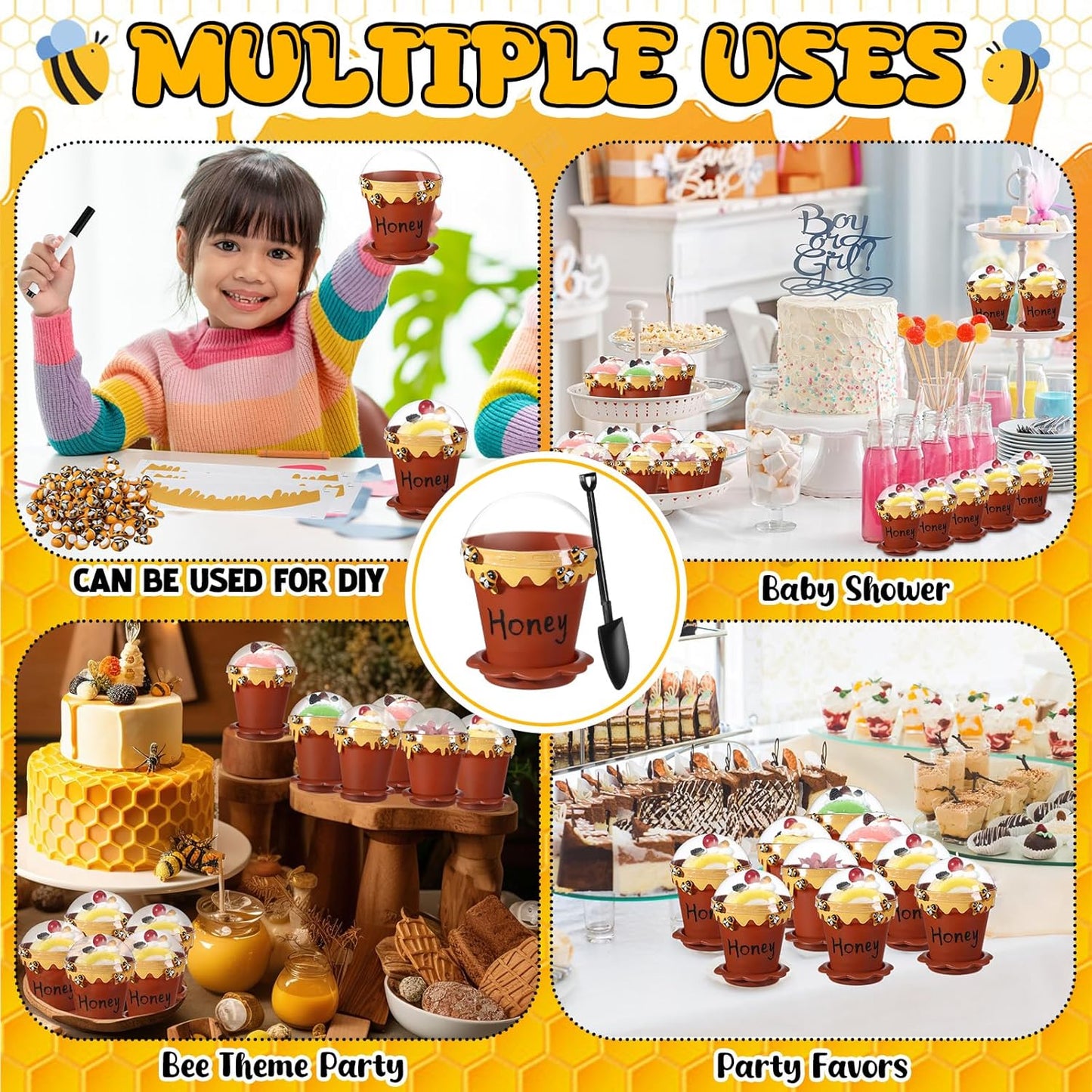 60 Sets Mini Honey Bee Pots with Lids, Spoon, Saucers and Bee Charms, 6.76 OZ Plastic Honey Jars for Cupcake Dessert Themed Party Favor Planter Baby Shower Birthday Wedding Decoration (Brown)