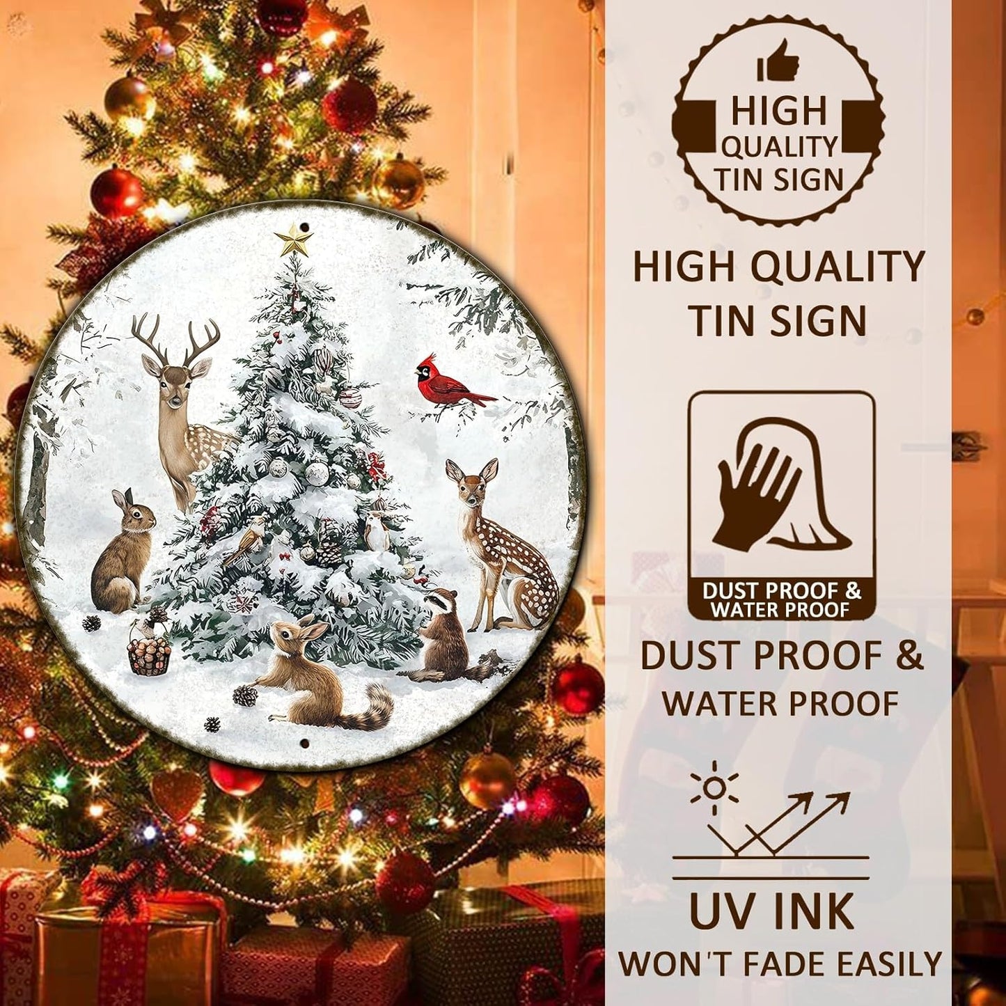 Round Christmas Snow Animals Metal Tin Sign - Vintage Christmas Tree & Winter Sign for Home & Outdoor Decorations - 12 * 12 in