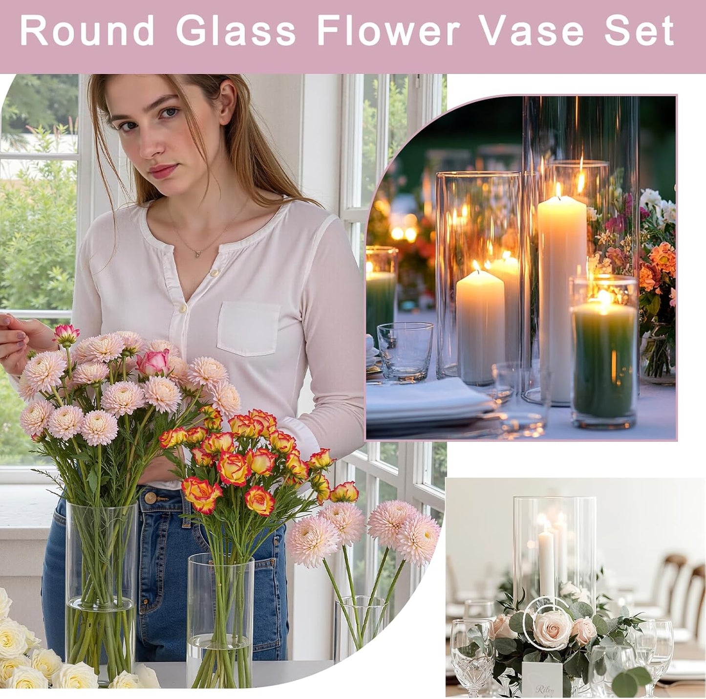 3pcs Glass Vases for Flowers, 4,6,8 Inch Tall Cylinder Vases, Bud Vase and Floating Candle Holder Vase for Wedding & Holiday Centerpieces for Tables, Home Decor, Housewarming Gift