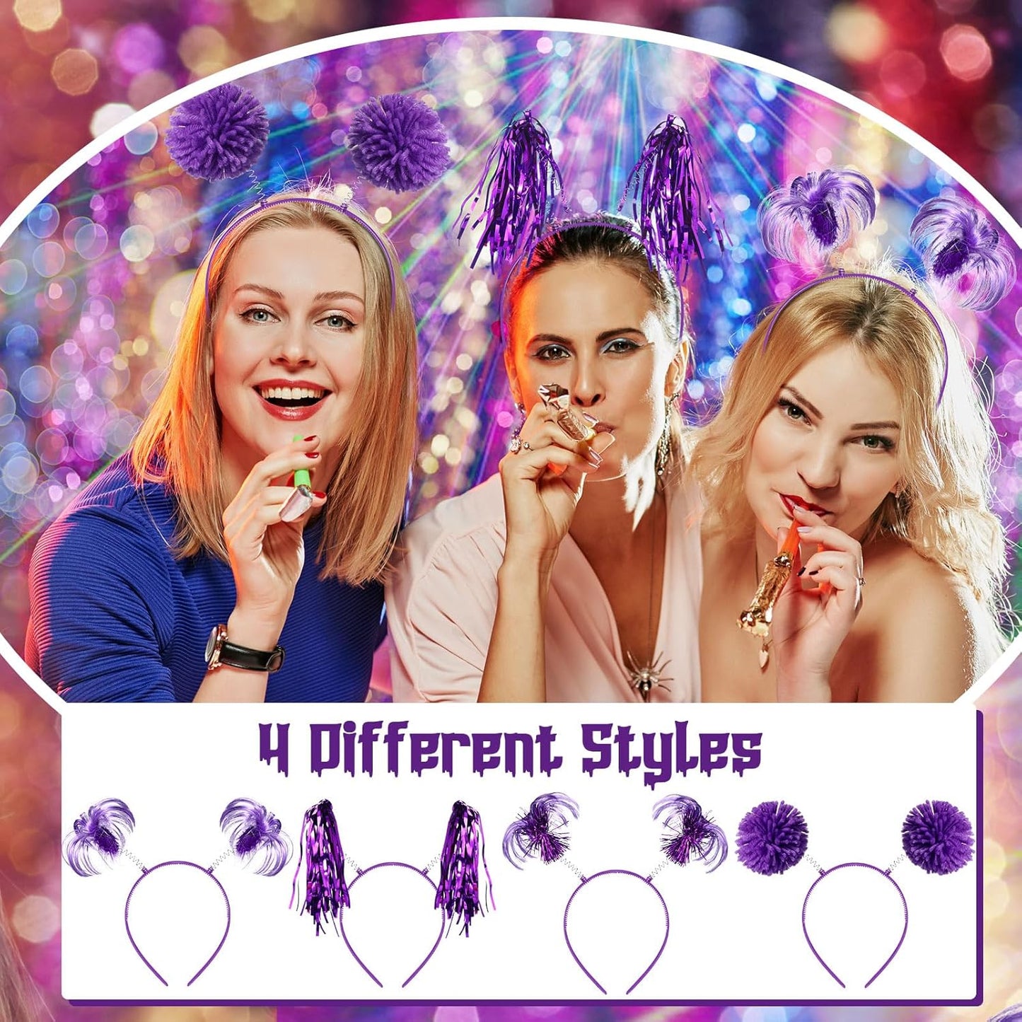 Censen 12 Pcs Halloween Pom Pom Party Headbands Tinsel Ponytails Spirit Head Bopper Headwear for Christmas Birthday Holiday