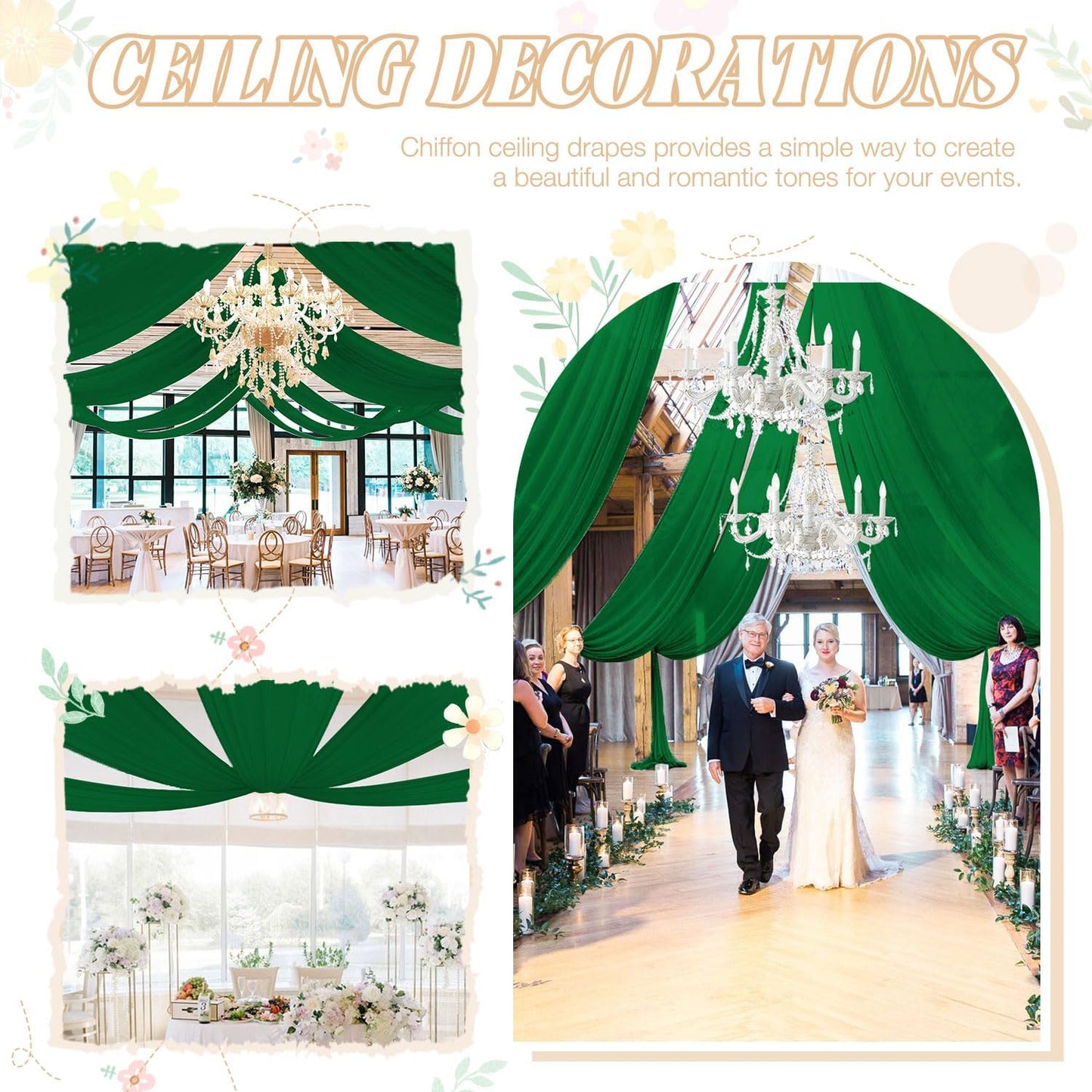 FUHSY Ceiling Drapes Emerald Green Wedding Arch Draping Fabric Chiffon Curtain Drapes 4 Panels 5x20FT Sheer Fabric for Draping Wedding Archway Tent Ceiling Drapes for Bed Canopy Ceiling Backdrop Decor