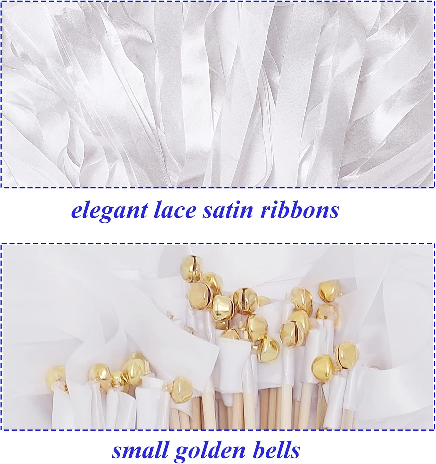 60 Pieces Wedding Colorful Ribbon with Bells, Party Ribbons Streamers Sticks Magic Wish Fairy Wand for Wedding Party Holiday Activities Favors (White-100)