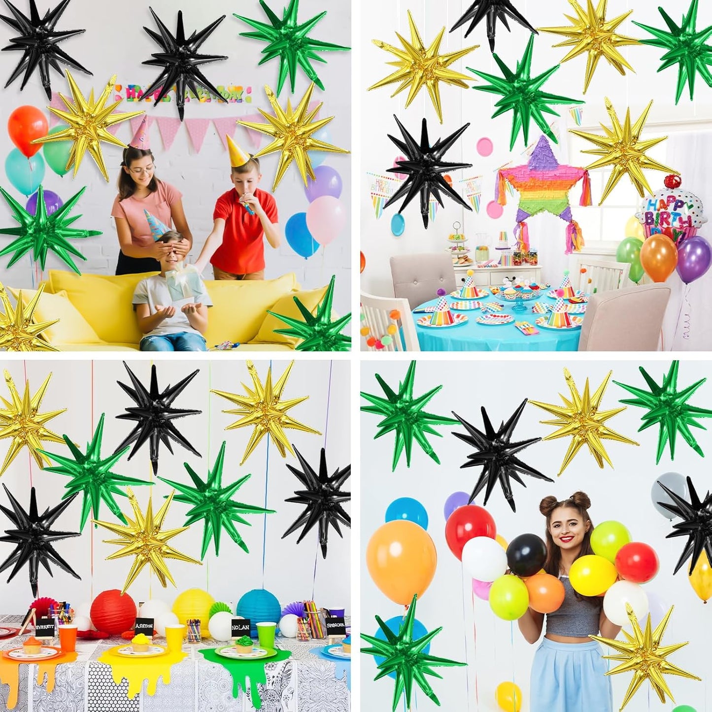 Black Green Gold Star Balloons,9Pcs 22Inch Black Green Gold Explosion Spike Cone Helium Polyester Film Star Foil Balloons for Birthday Anniversary Baby Shower Wedding Disco Party Decorations