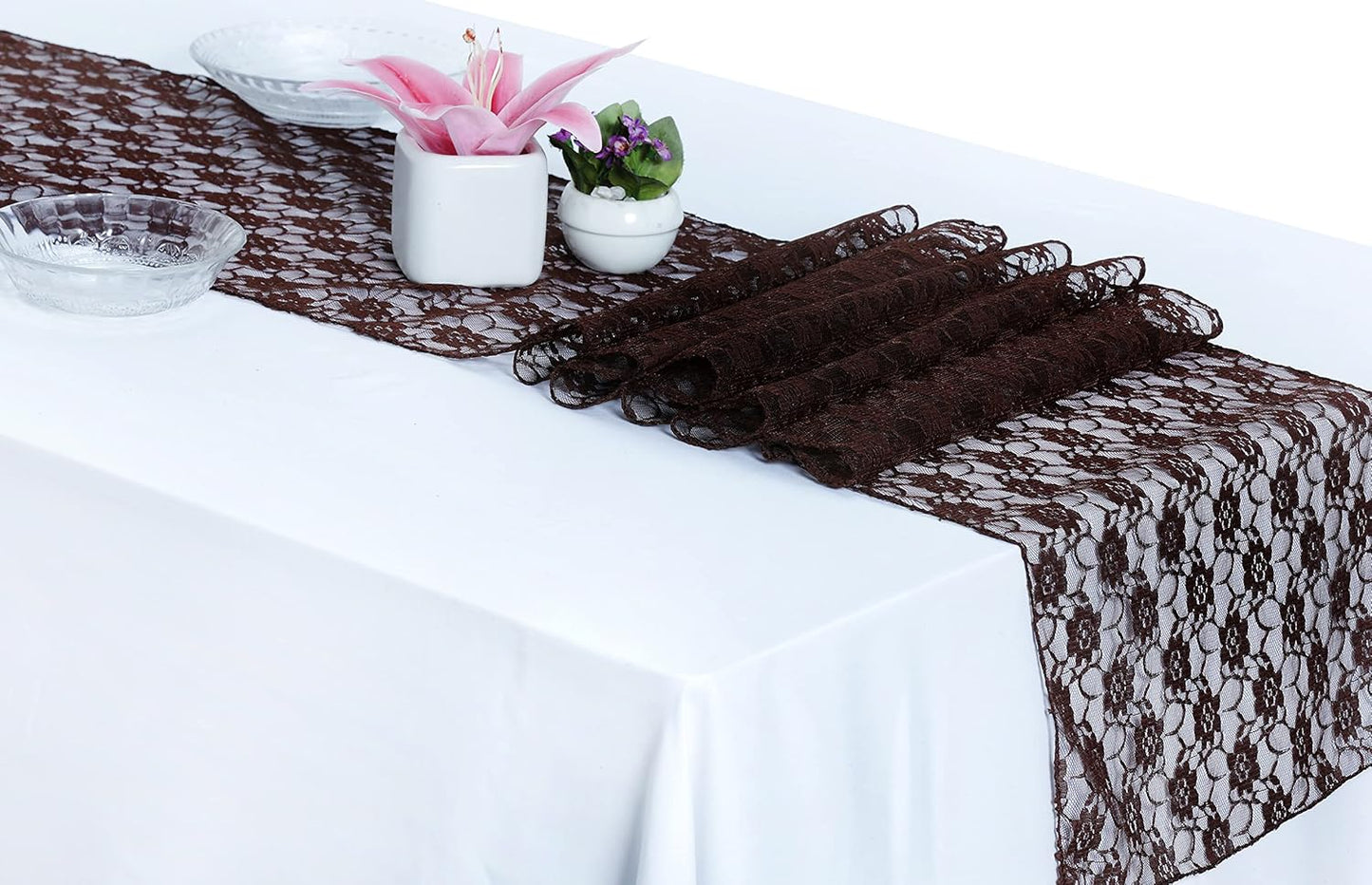 MDS Pack of 20 Wedding 12 x 108 inches Lace Table Runner for Wedding, Decorations for Birthday Parties, Banquets, Graduations, Engagements, and Runners fit Rectangle, Round Table- Coffee
