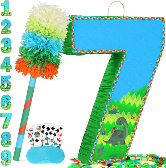 Number 7 Pinata for Birthday Party Decorations, Jungle Dinosaur Piñata Games Toy (7th)