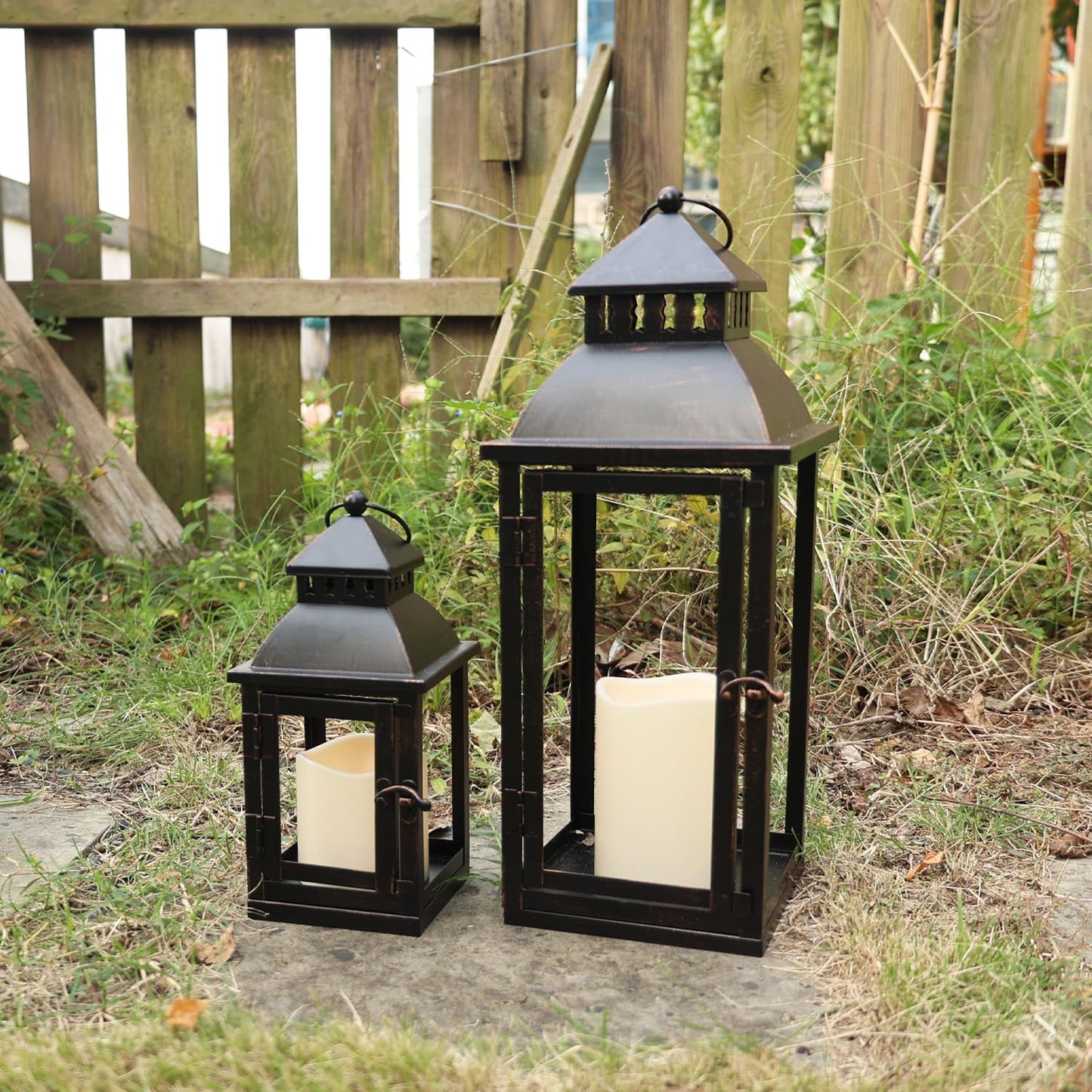 NEEDOMO LED Lanterns Decorative Outdoor&Indoor, Set of 2 Large Bronze Metal Lantern Decor with LED Candle, Lantern Decor for Porch, Patio, Garden, Balcony, Wedding, Spring Decorations (NO Glass)