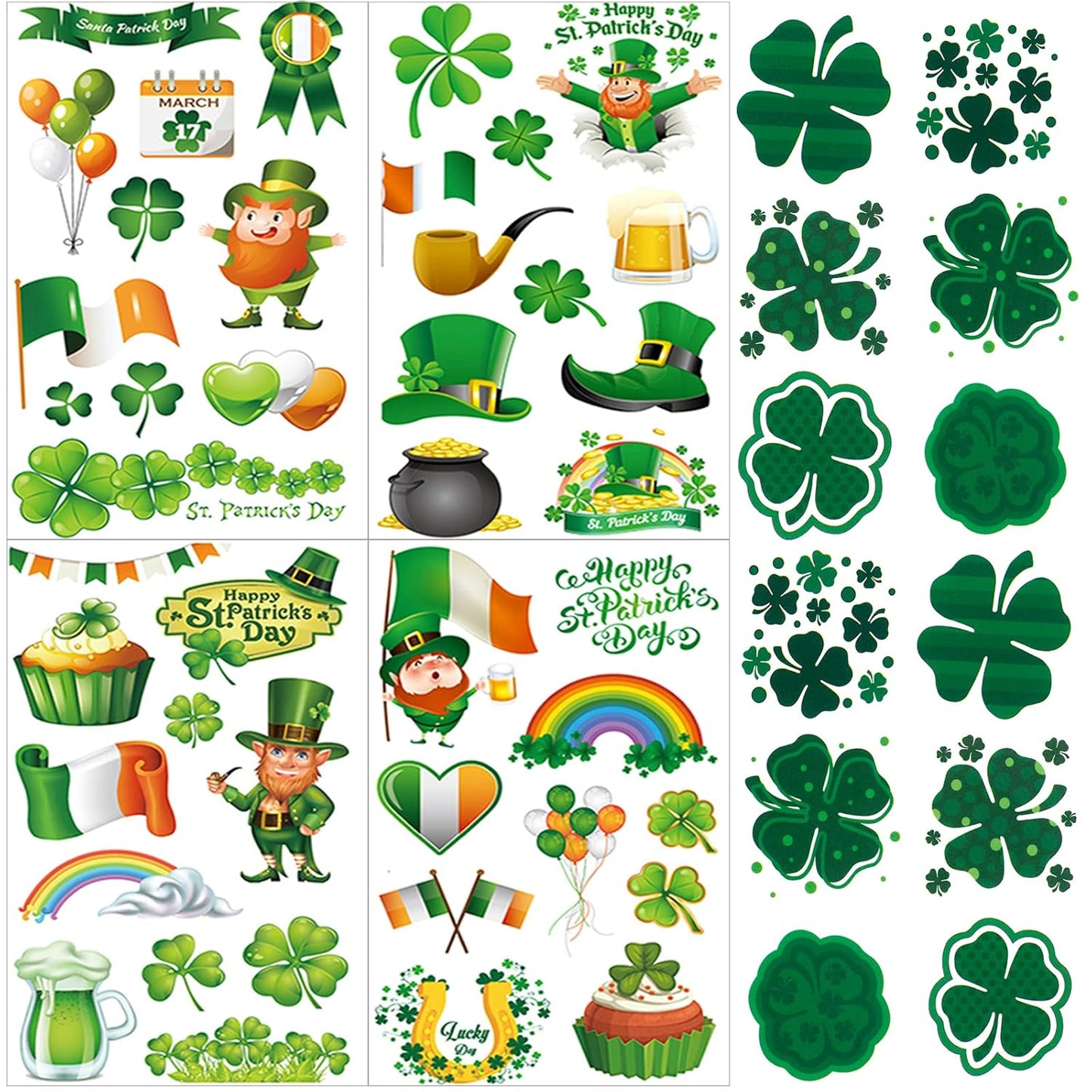 140+ Pcs St Patricks Day Tattoos, 34 Sheets Unique St. Patrick's Day Tattoos Stickers, Shamrock Green Temporary Tattoos, Lucky Clover Tattoos for Kids Party Favors Accessories Irish Party