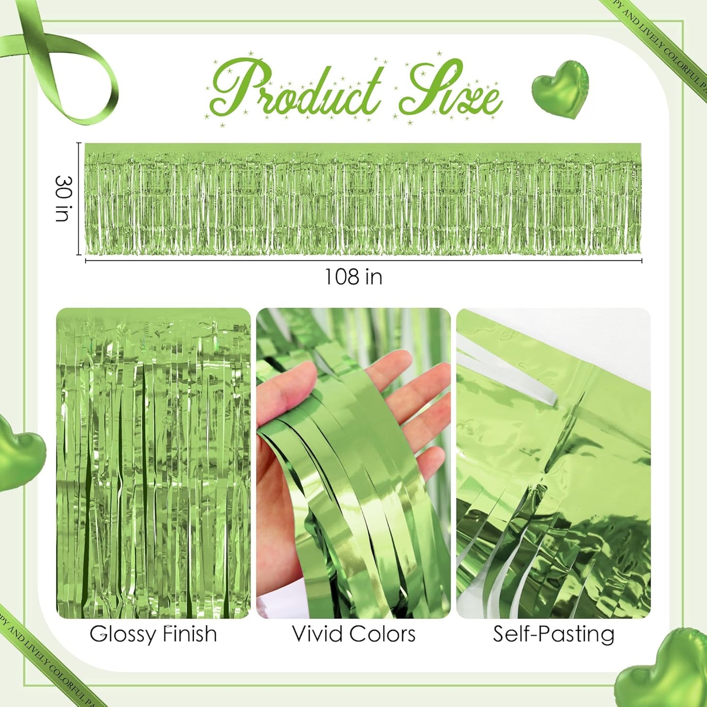 8 Pack Light Green Table Skirts, 29x108" Metallic Foil Tinsel Fringe Table Skirts for Rectangle Tables Streamer Curtains Backdrop, Party Decorations for Birthdays Weddings Holidays