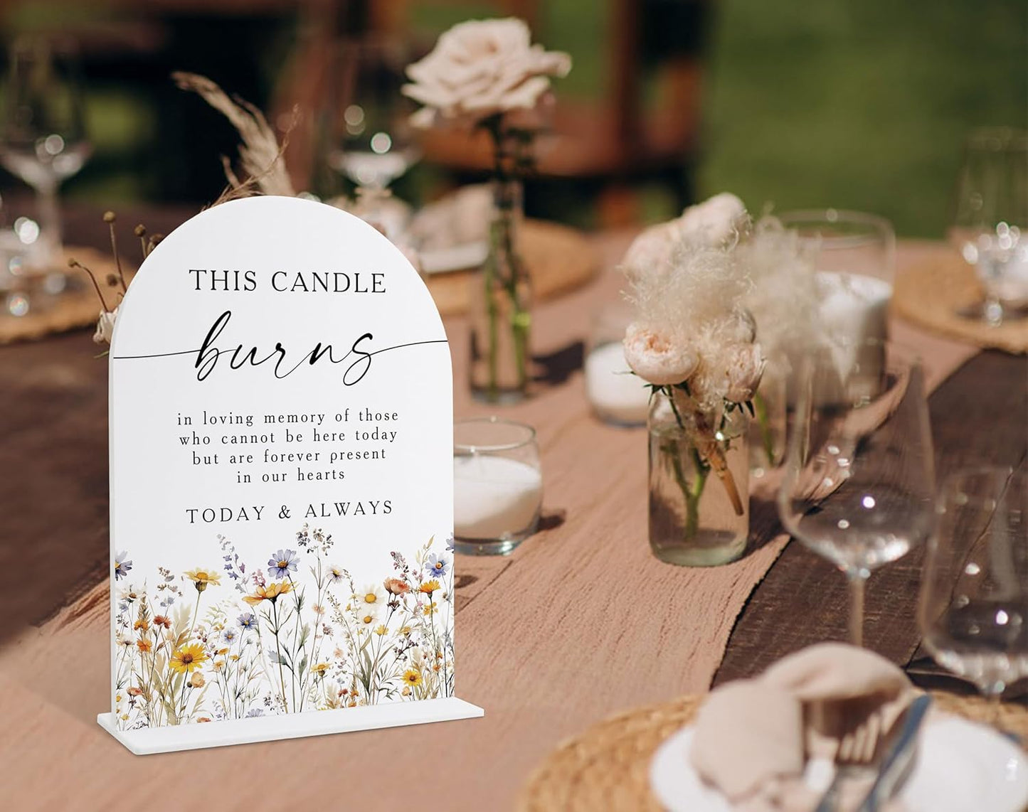 Memorial Table Sign for Wedding, Boho Floral This Candle Burns in Loving Memory Sign, Wedding Signage with Stand, Bridal Shower Table Centerpieces, Supplies for Engagement Reception and Event, 39
