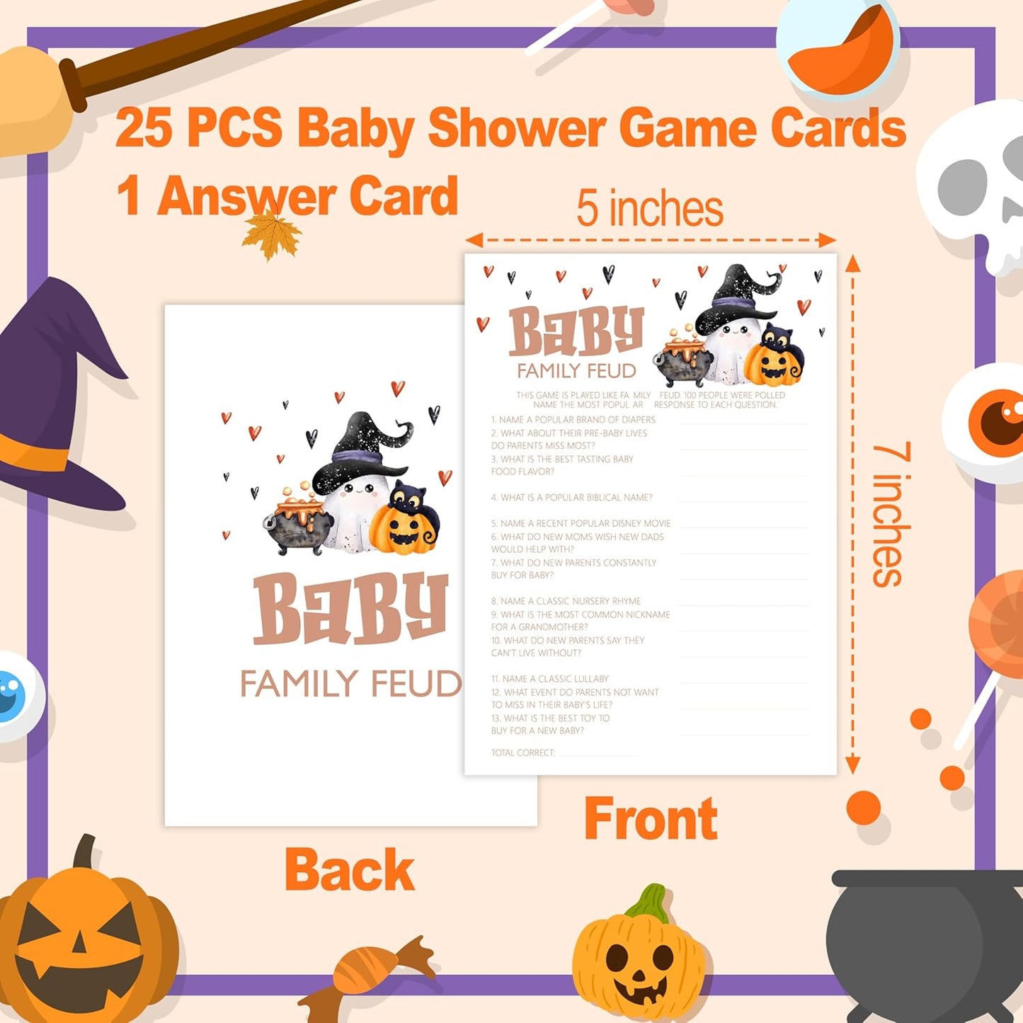 Baby Shower Games, Halloween Baby Family Feud, 25 Double-Sided Game Cards + 1 Answer Card for Gender Reveal Party Decorations Supplies Announcement - B06