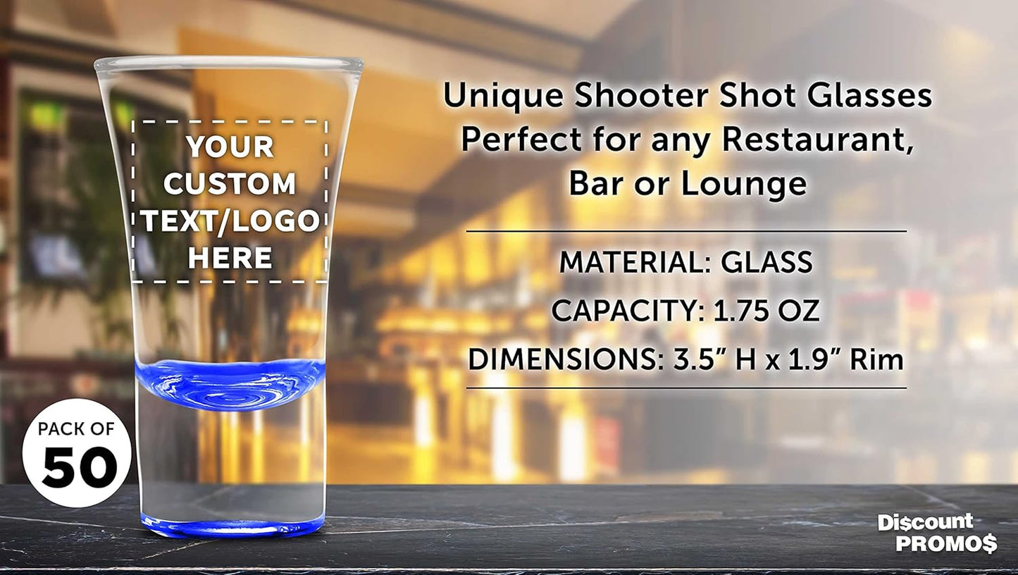 Custom 2 oz. Lord Shooter Etched Shot Glasses, 50 pack, Personalized Text, Logo, 21st Birthday Party, Lounge Glassware, Blue