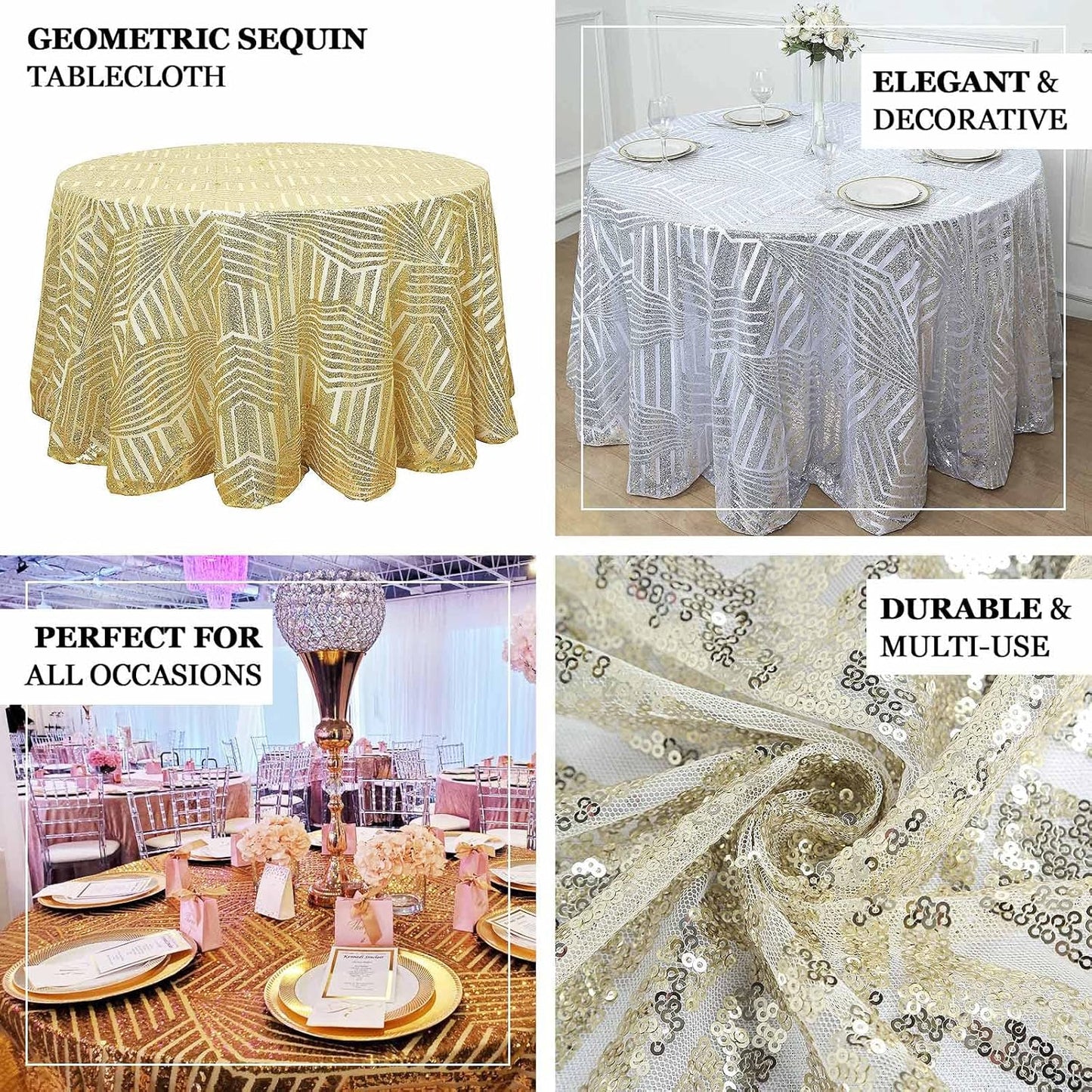 Efavormart 120" Black Sparkly Sequin Geometric Tulle Round Tablecloth