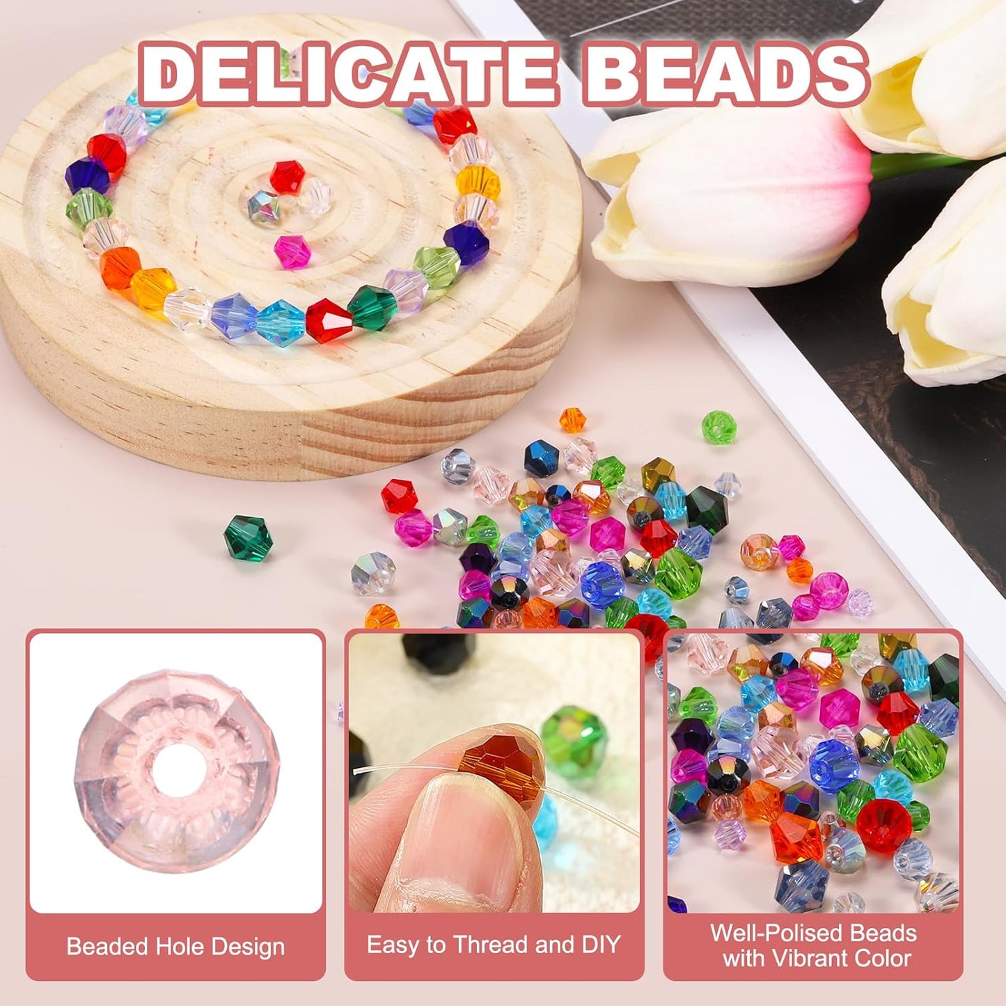PATIKIL 1000pcs 3mm Bicone Glass Crystal Beads, Faceted Glass Spacer Beads with Box for Jewelry Making Bracelet Necklace Earrings DIY Suncatcher Craft, Pink AB