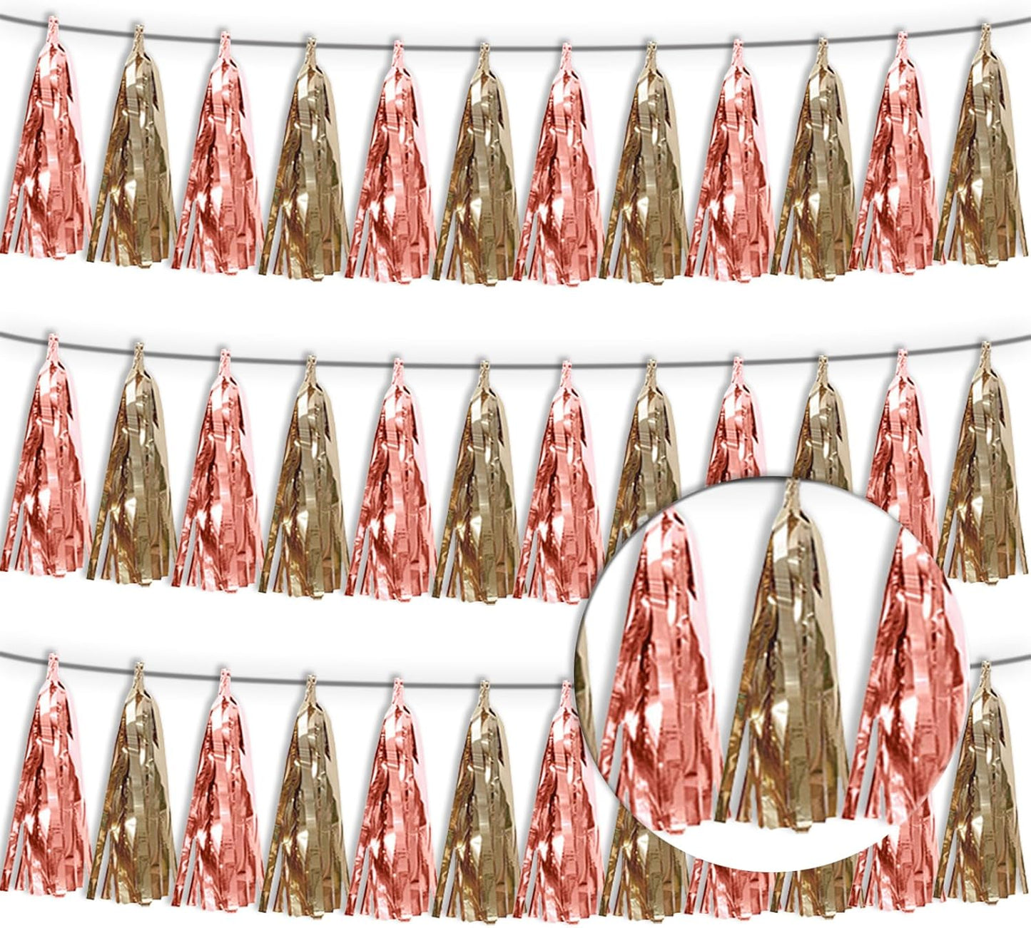3P Rose Champagne Gold Metallic Fringe Tassel Banner Garland Foil Tinsel Streamer Wall Hanging Curtain Backdrop Banner for Parade Floats, Graduation Decorations, Wedding Party Decoration
