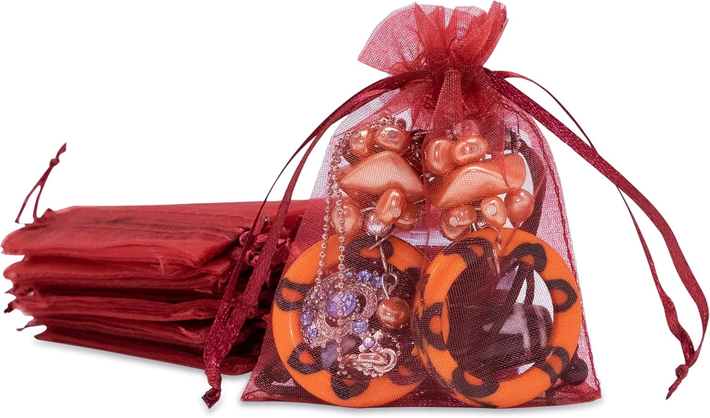 TheDisplayGuys 48-Pack 3x4 Maroon Sheer Organza Gift Bags with Drawstring, Jewelry Candy Treat Wedding Party Favors Mesh Pouch