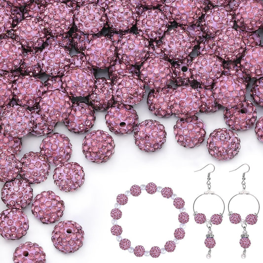 100pcs 10mm Rhinestone Beads for Jewelry Making, Light Purple Shiny Round Shamballa Disco Beads Bulk, Sparkle Crystal Clay Christmas for Bracelet Baseball Necklace Earring Crafting and DIY