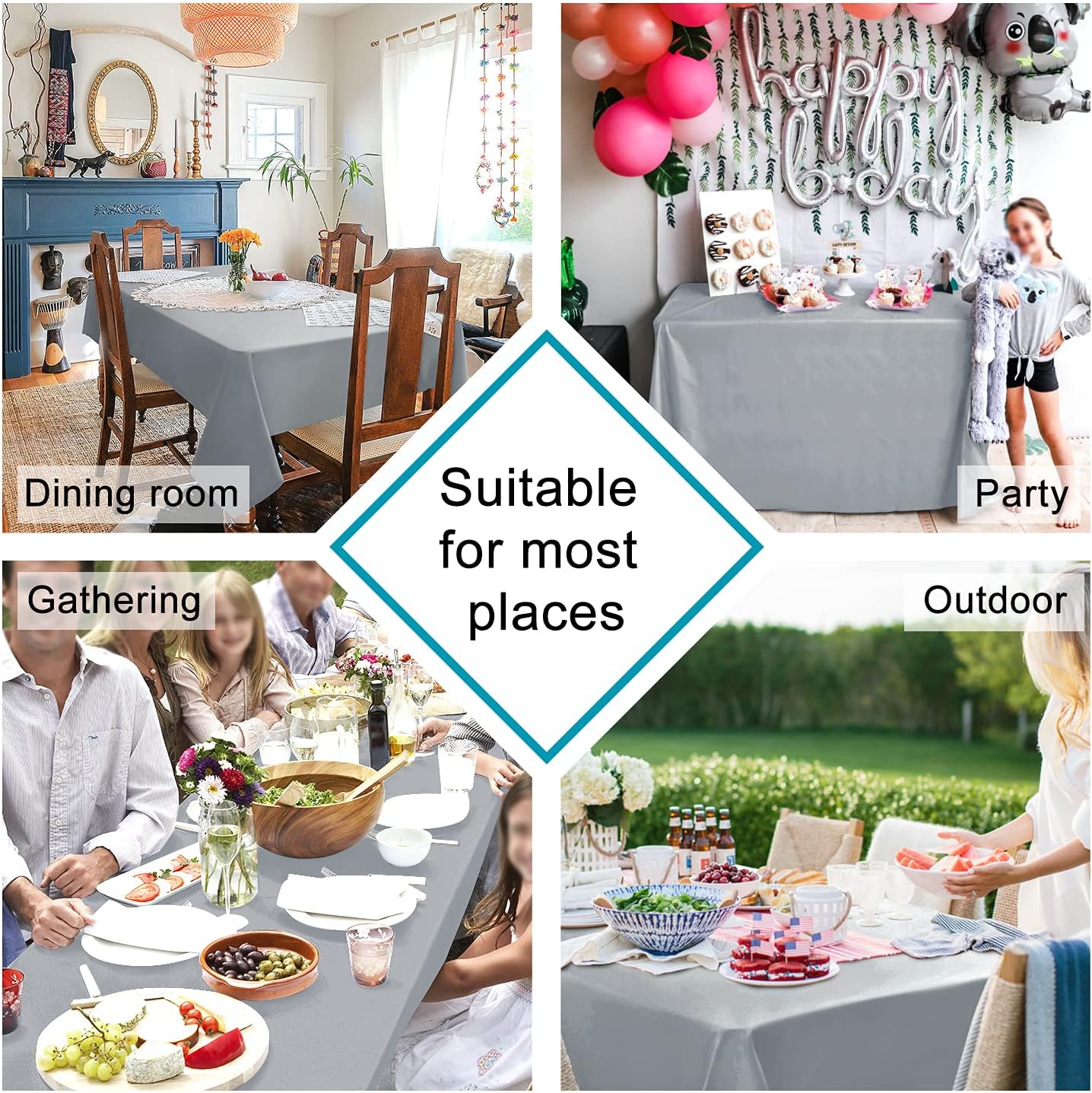 Hiasan Tablecloth for Rectangle Tables - 70 x 140 inch - Waterproof, Spillproof & Wrinkle Resistant Washable Polyester Table Cloth for Dining/Party/Outdoor Picnic, Silver Grey