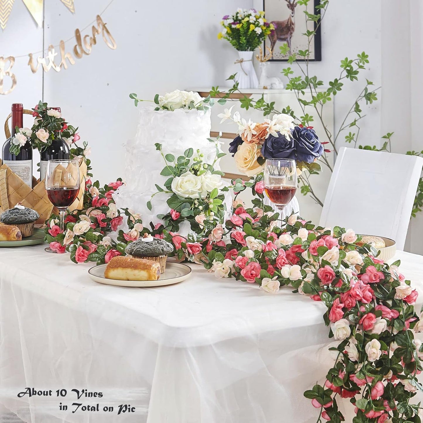 8 Pcs x 8.2 ft Flower Garland Artificial Rose Vine Flowers with Green Leaves Hanging Fake Roses Vine for Room Party Home Wedding Birthday Christmas Wall Arch Decor, Spring Pink Flower