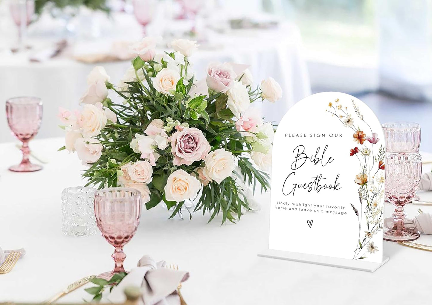 Boho Floral Bible Guest Book Sign, 6 x 8 Inch White Arch Acrylic Wedding Sign with Holder, Wedding Sign for Ceremony and Reception, Wedding Decoration, Wedding Supplies - BX28