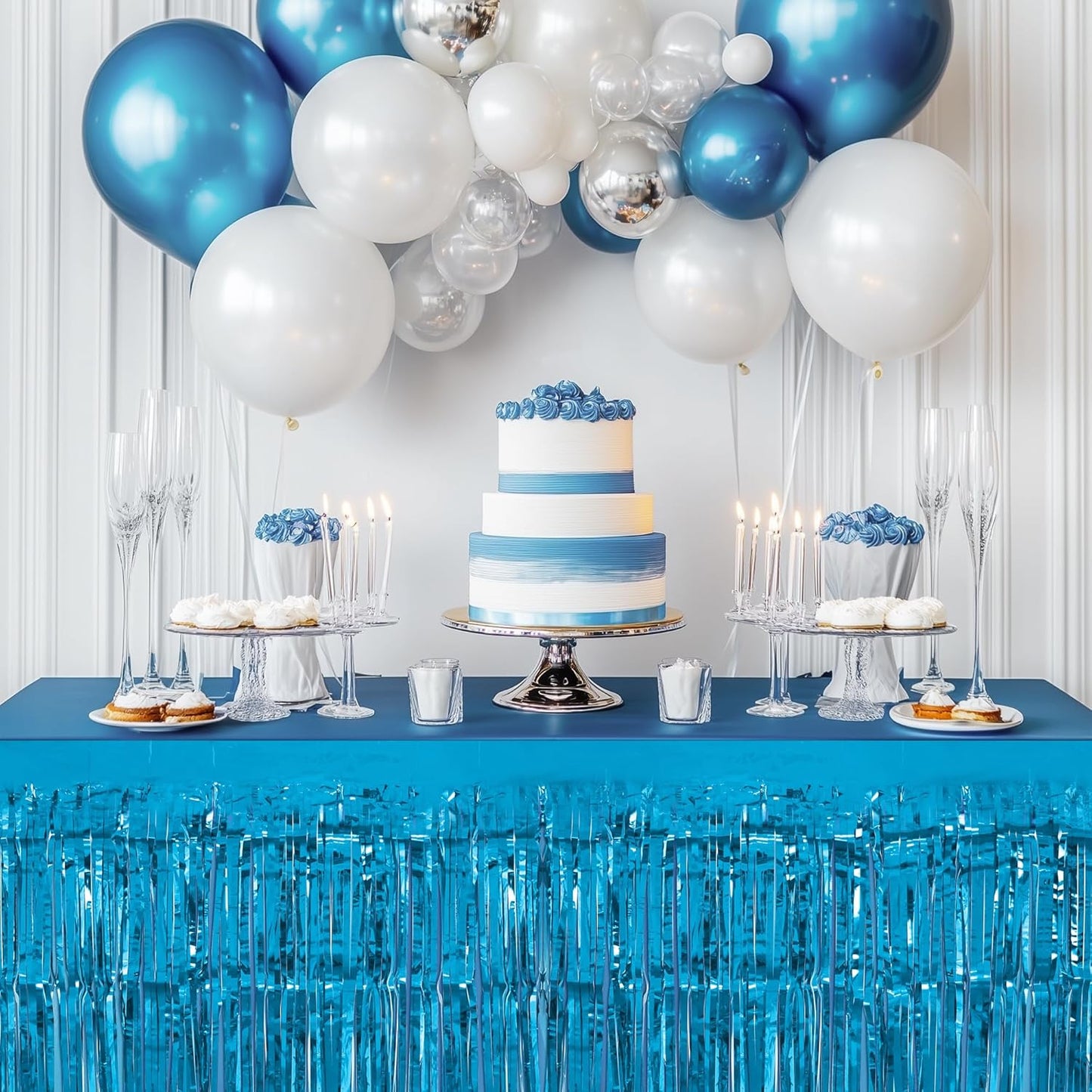 1 Pack Lake Blue Table Skirts, 29x108" Metallic Foil Tinsel Fringe Table Skirts for Rectangle Tables Streamer Curtains Backdrop, Party Decorations for Birthdays Weddings Holidays
