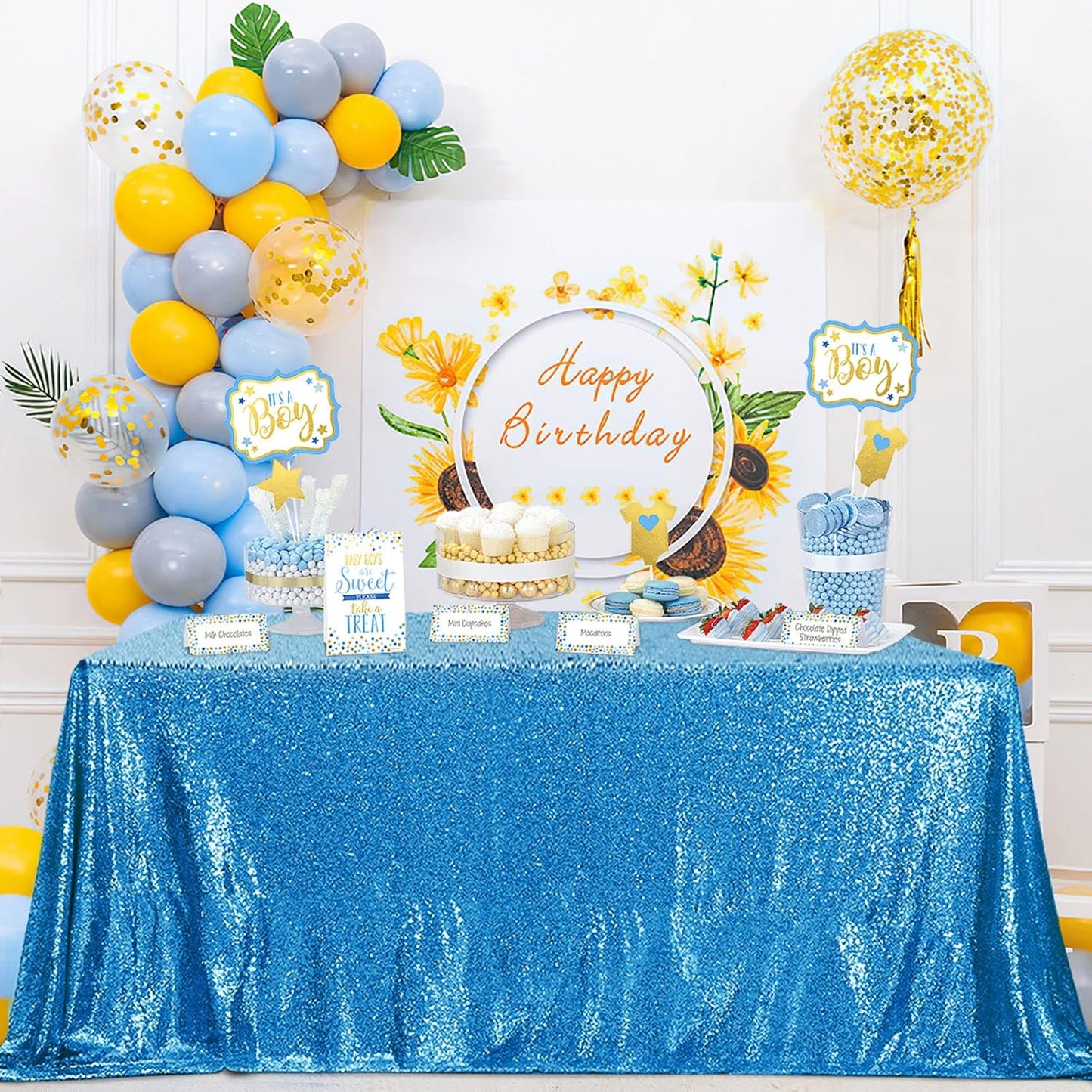 QueenDream Aqua Blue Tablecloth 90 x 156 Inch Sequin Tablecloth for Party Decorations Glitter Tablecloth for Bridal Baby Shower Wedding