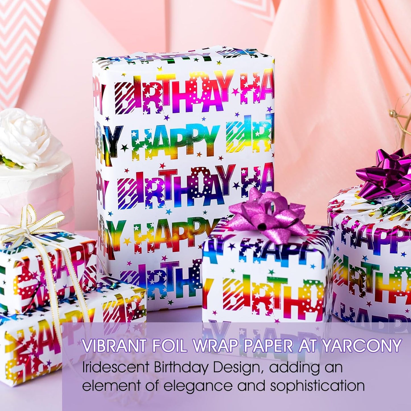 Yarcony Birthday Wrapping Paper Roll, Mini Roll Gift Wrapping Paper, Colorful Foil Girl Happy Birthday Gift Wrap Rainbow Present Paper for Boys Girls, Holiday,Party,Baby Shower(17 Inch X 16.5 Feet)