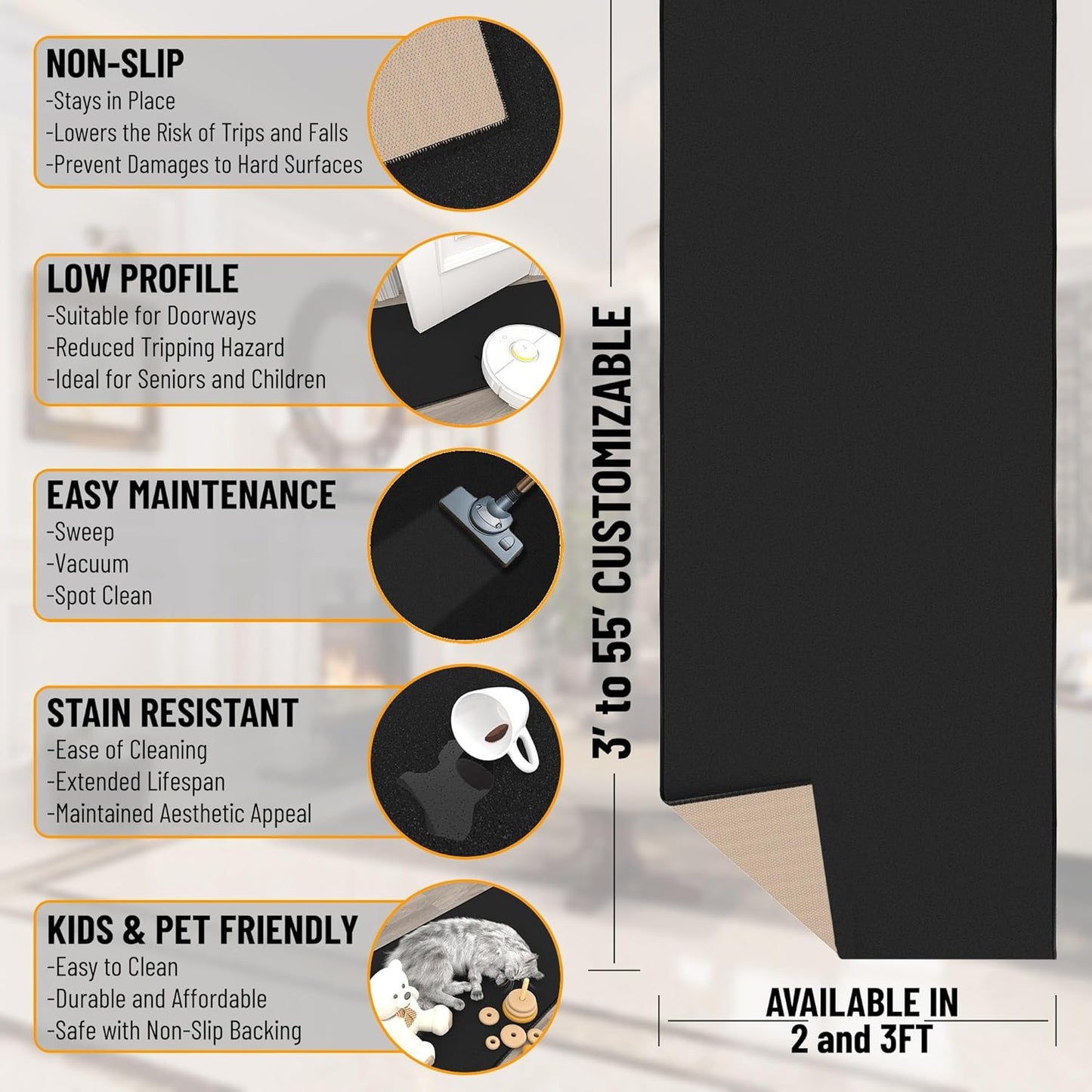 Ottomanson 3x20 Non Slip Extra Long Hallway Runner Rug with Rubber Backing - Solid Modern Kitchen Rug for Bedroom or Living Room, Black, 2'7" x 20'