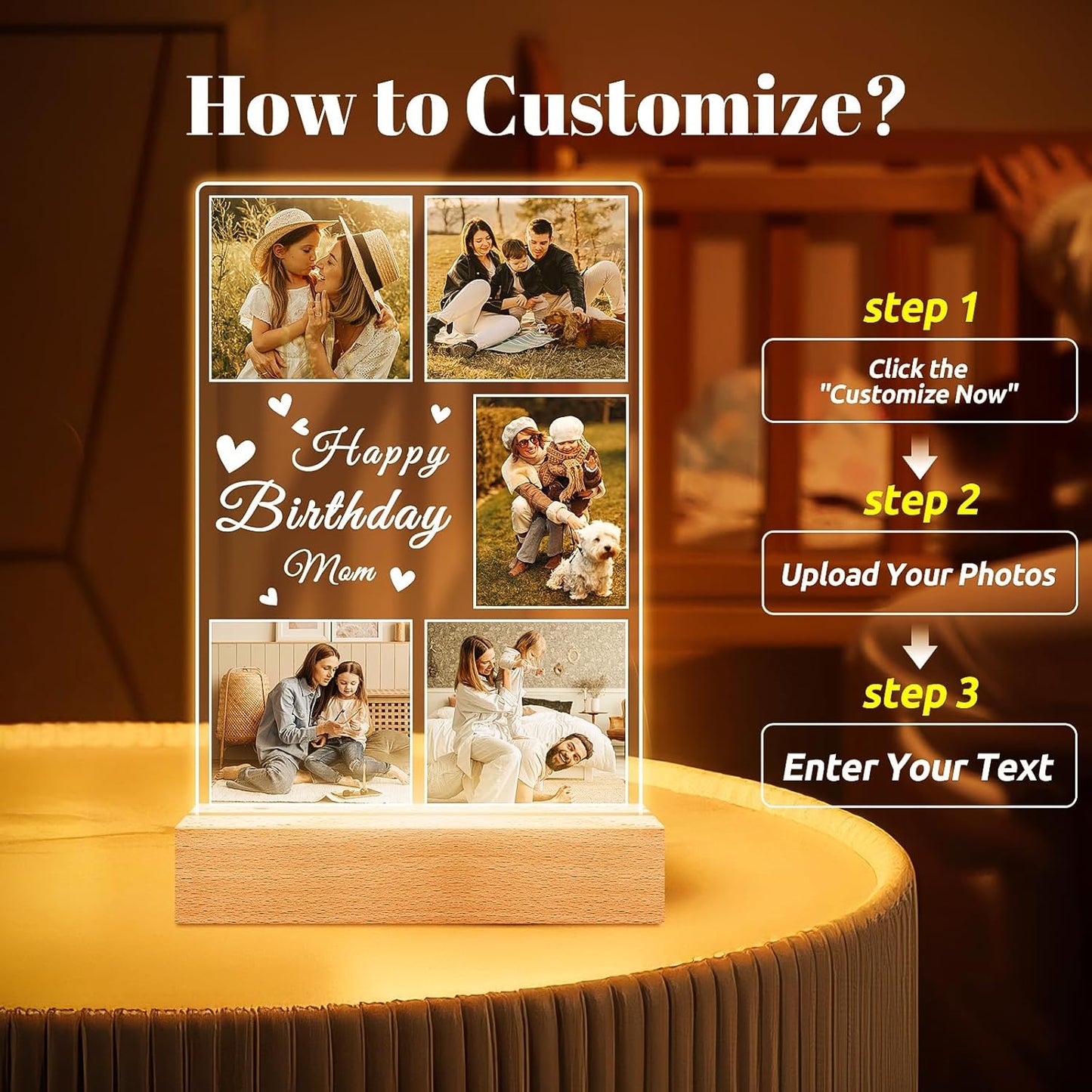 Personalized Birthday Gifts for Mom from Daughter Son, Custom Collage Picture Frames with Night Light, Customized Acrylic Plaque Photo Frame, Personalized Photo Gifts for Mom, Baby, Kids, Family