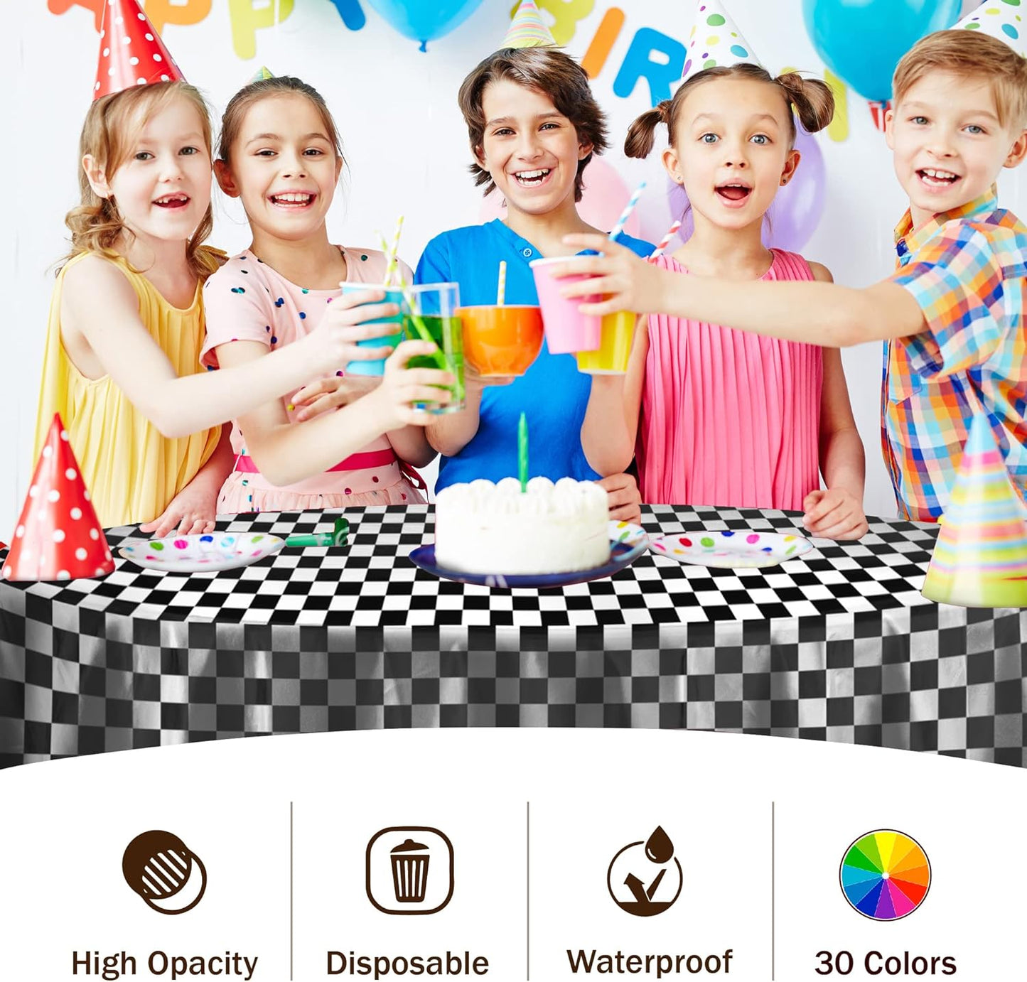 Party Solids Pack Of 12 - Premium Plastic Tablecloth 84 Inch Round Table Cover - Checkered