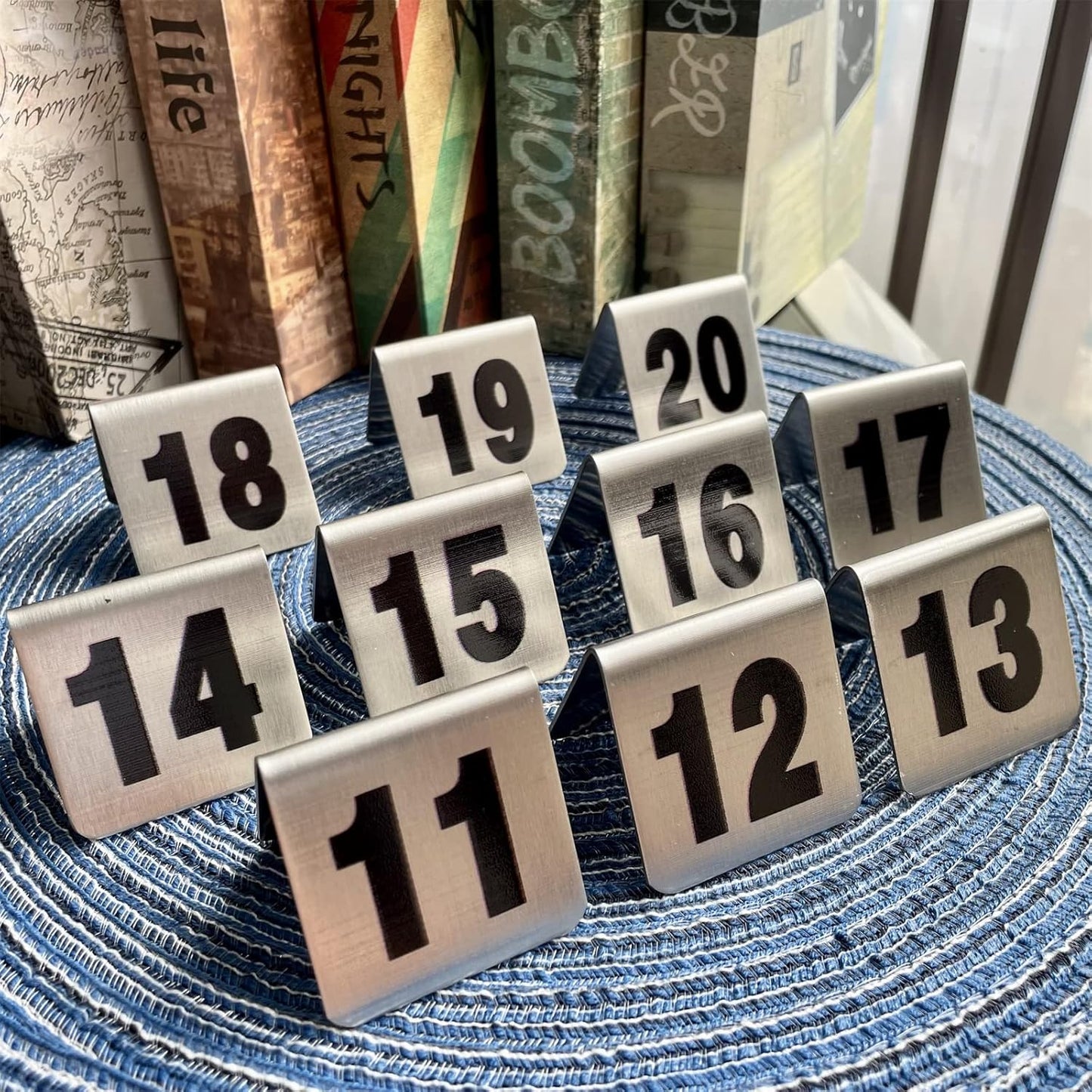 10 Pcs Metal Place Cards Stackable Tent Style Table Numbers，Place Card Holders for Celebration Wedding Party Restaurants Cafes Bars Gatherings meeting Room Board Game Serial (Small 11-20, Black)