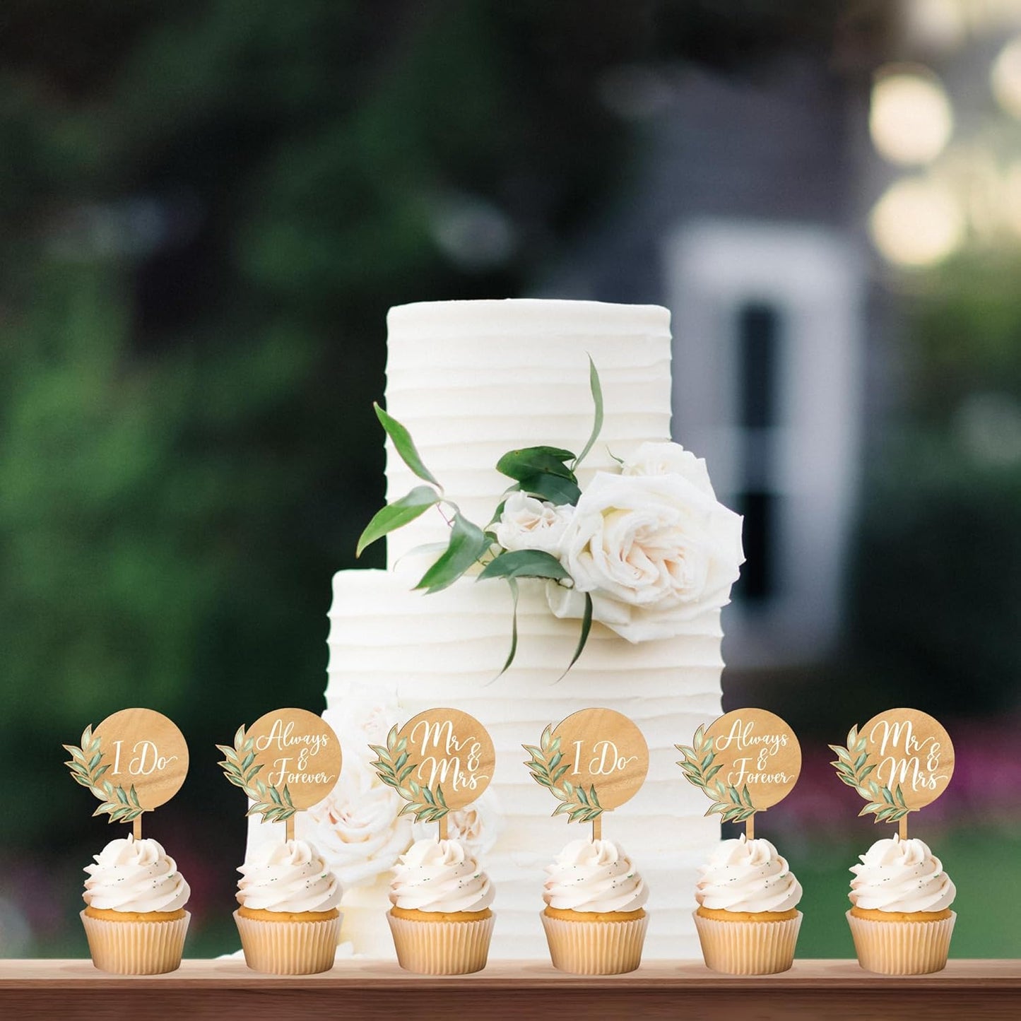 36 PCS Wedding Cupcake Toppers Green Mr & Mrs Wedding Cake Cupcake Decorations in Wood