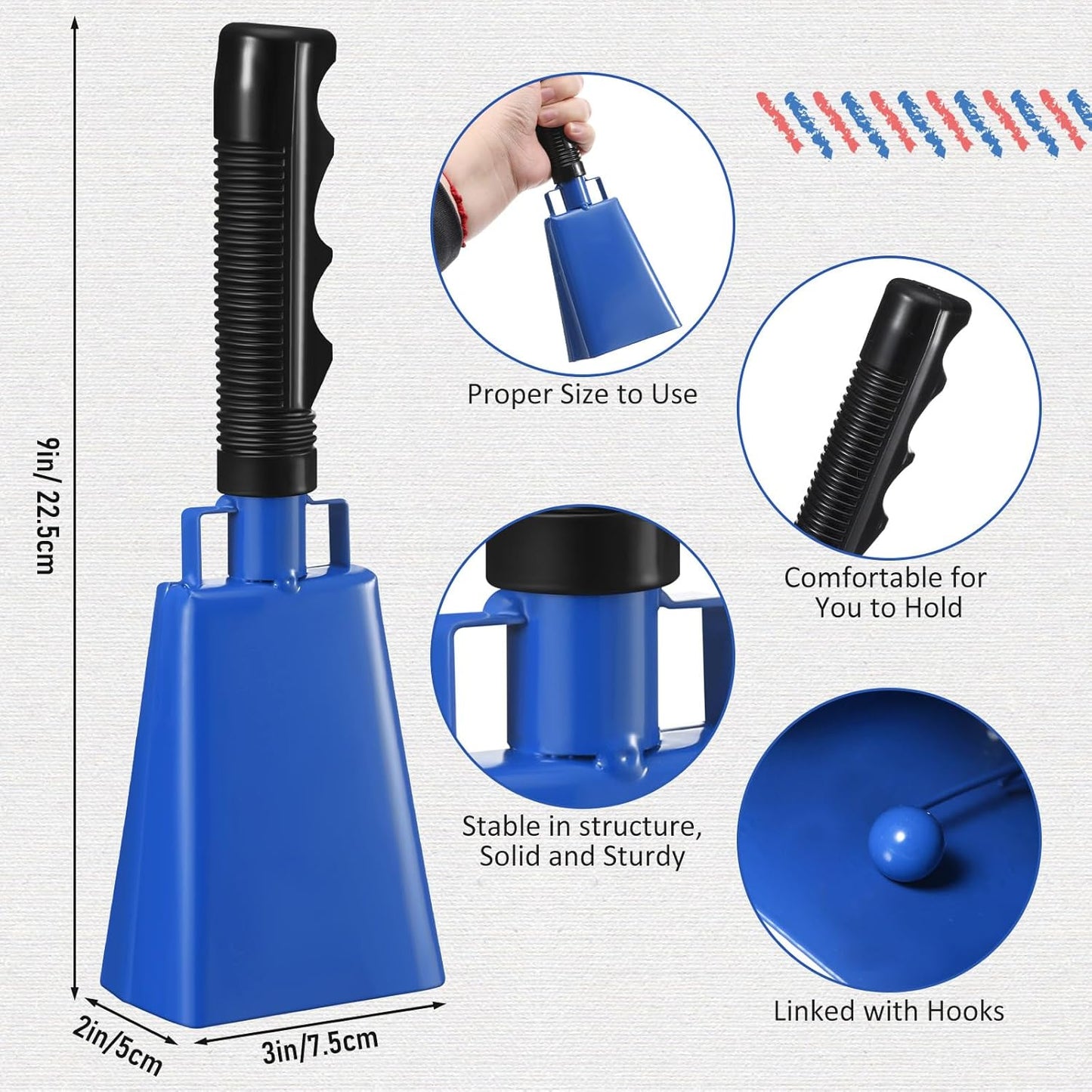 Pelopy 12 Pcs Large Cow Bell 9 '' Cowbell with Handle Cowbells for Sporting Events Hand Percussion Cheering Bell Chimes for Football Game, Alarm Loud Noise Makers, Musical Instrument(Blue)