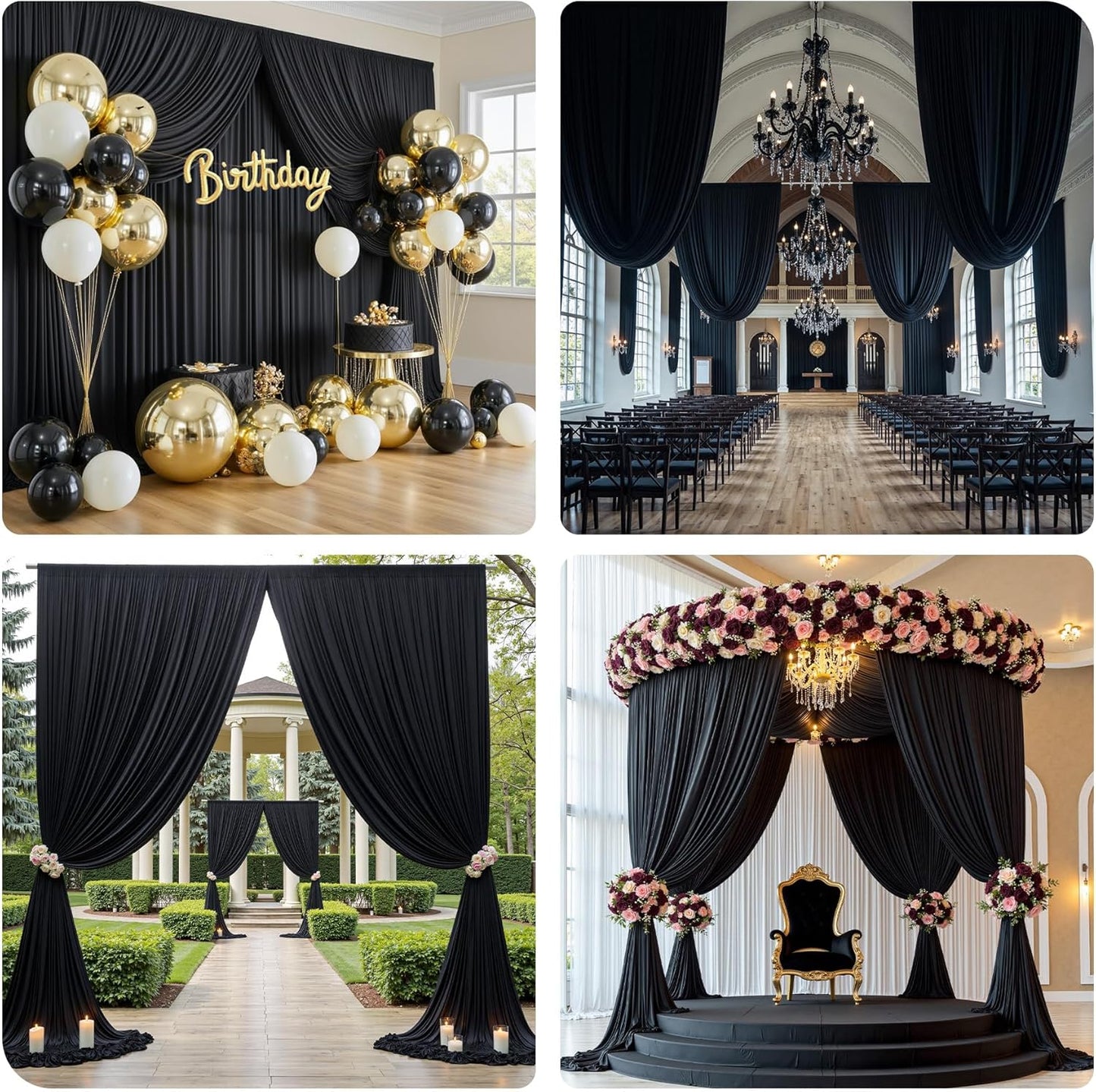 PartyVillage 10ft×15ft Black Backdrop Curtain for Halloween Parties, 2 Panels Wrinkle Free 15 FT Long Polyester Photo Backdrop Drapes Back Drop Cloth for Birthday Photography Background