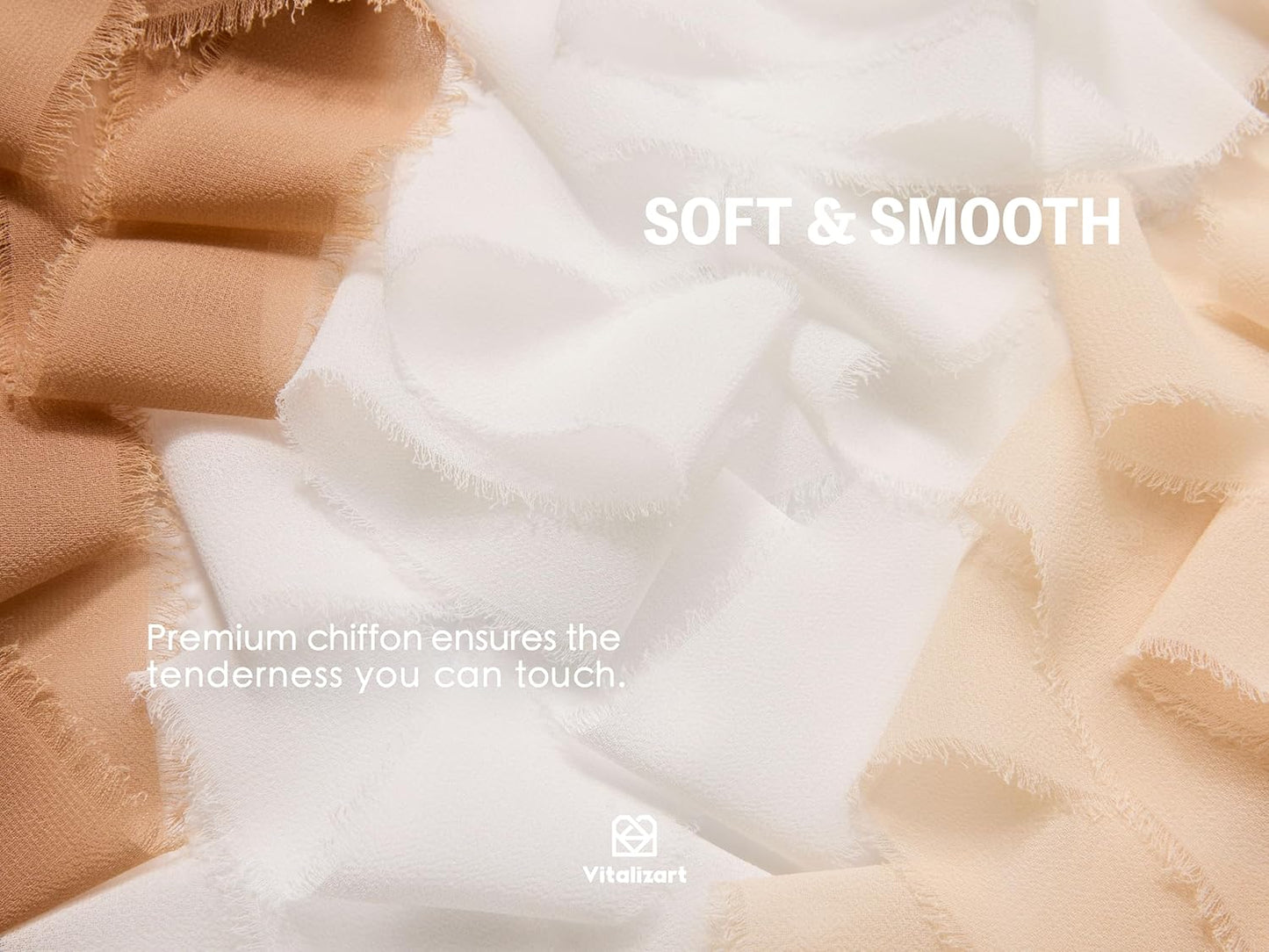 Vitalizart Handmade Chiffon Silk Ribbon Fringe 1.5" x 21 Yd White & Camel Frayed Edges Ribbons for Wedding Invitations Bridal Bouquets Gifts Wrapping Crafts Holiday Party Decorations