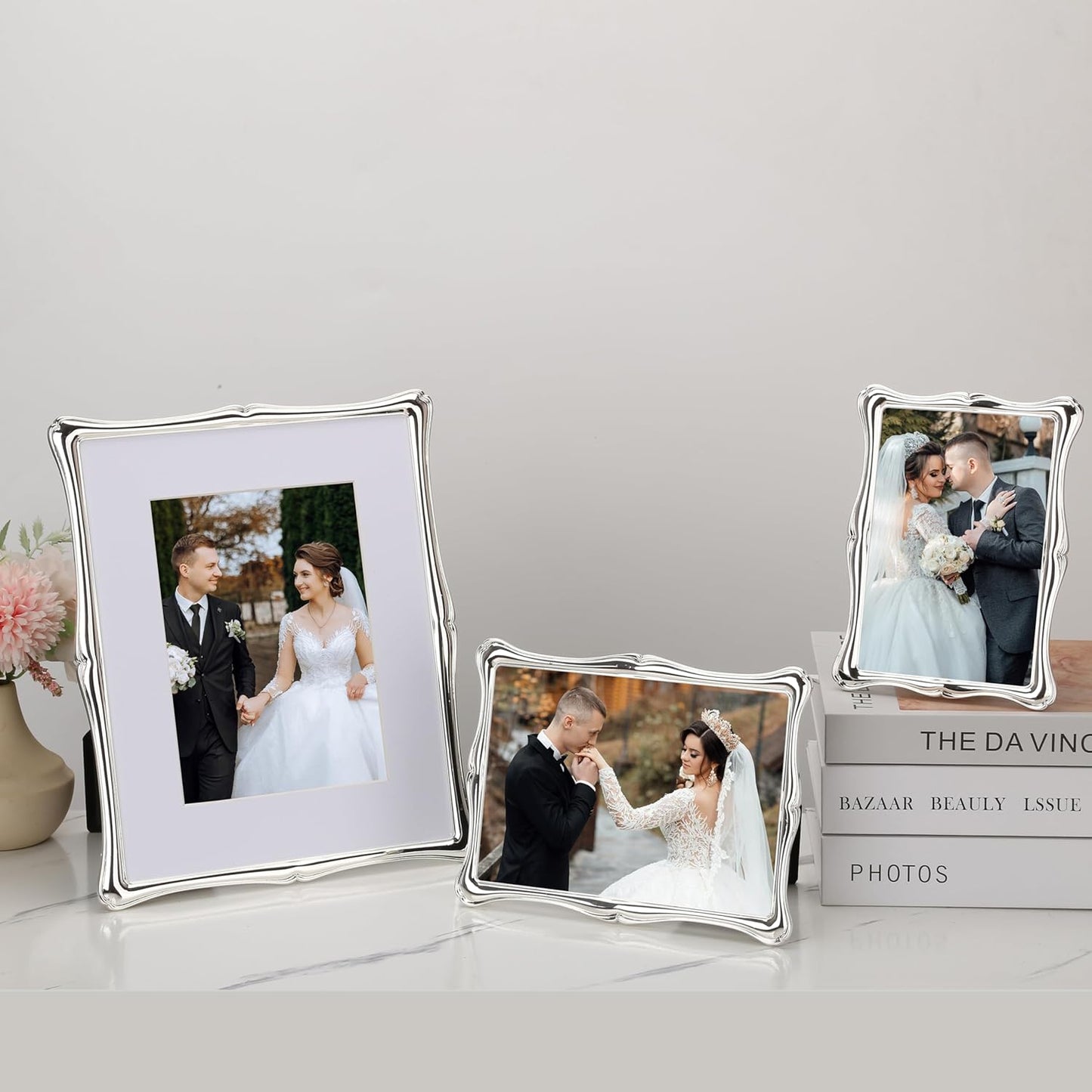 8 x 10'' Premium Alloy Silver Photo Frame with 5x7'' Mat - Luxury Hi End Display Picture Frames 5x7'' with Black Velevt Back