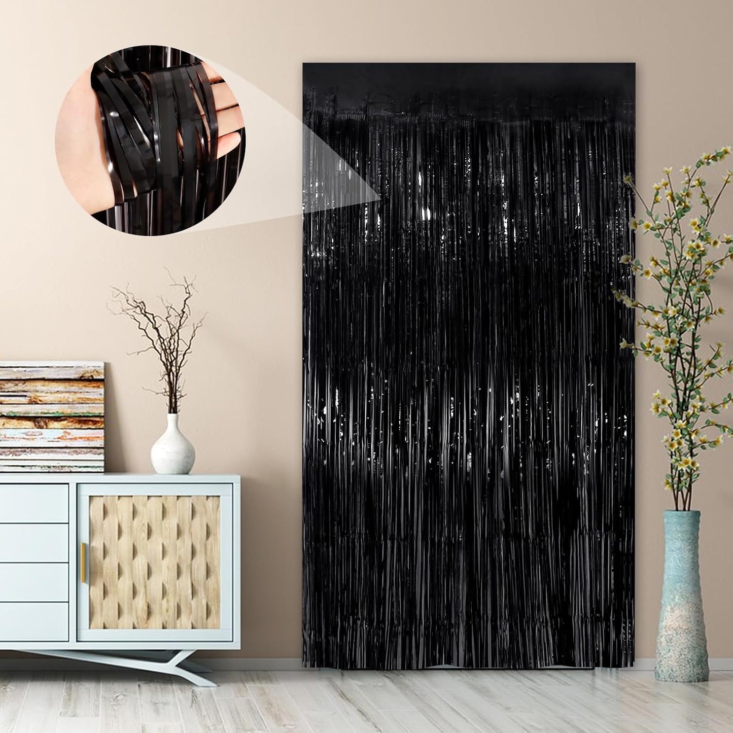 Black Fringe Curtain Party Streamers 4Pack 3.3 x 8.3 Ft Foil Fringe Backdrop Curtains for Birthday Wedding Bridal Baby Shower Holiday Tinsel Streamers Black Party Decorations Door Streamer