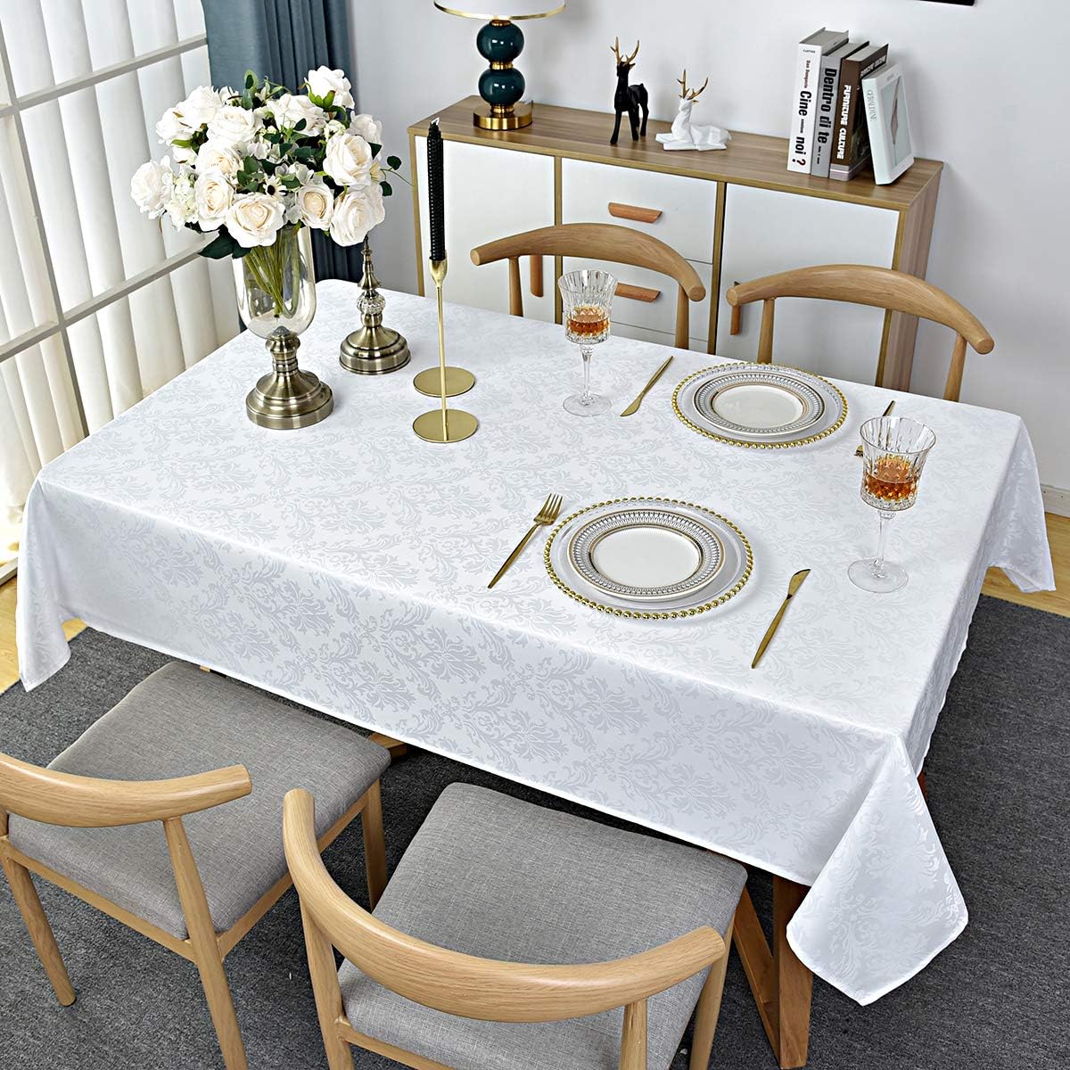 SASTYBALE Square Tablecloth - 52 Inch White Damask Table Cloth Jacquard Design Spill Proof Wrinkle Resistant Waterproof Soft Polyester Table Cover for Kitchen Parties Tabletop