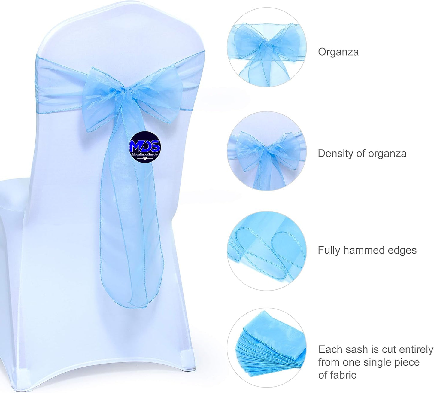 MDS Pack of 125 PCS Organza Chair Sashes Wider Dining Chair Bows Ribbon Tie Back for Wedding Party Birthday Bridal Shower Reception Event Banquet Home Chair Cover Decoration - Baby Blue