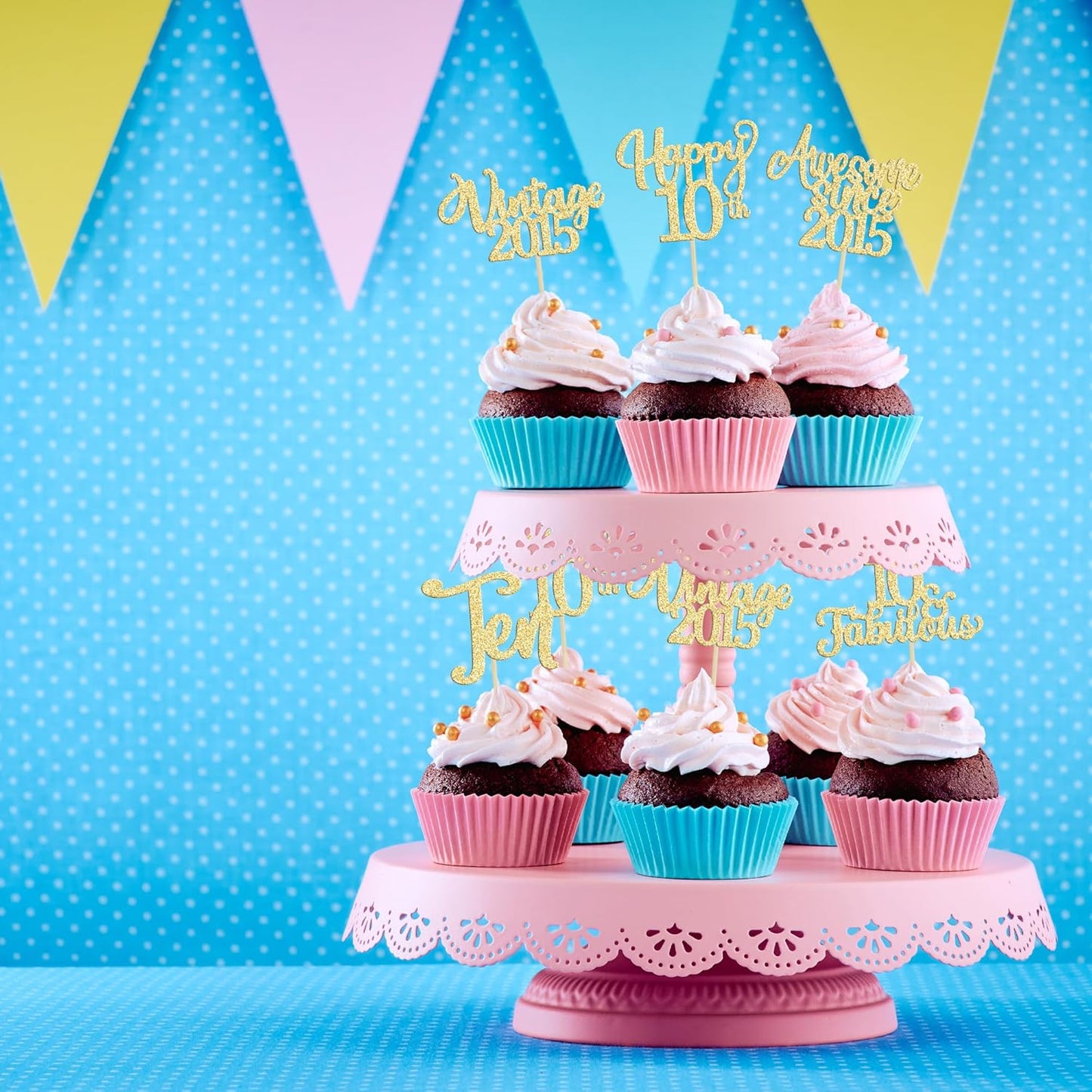 30Pcs Vintage 2015 Cupcake Toppers Glitter Happy 10th Birthday 10 Fabulous Cupcake Picks Cheers to 10 Years for 10th Birthday Wedding Anniversary Party Cake Decorations Supplies Gold